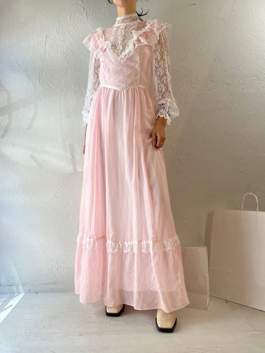 70s 'Gunne Sax' Pink Long Sleeve Peasant Dress / Small - Medium