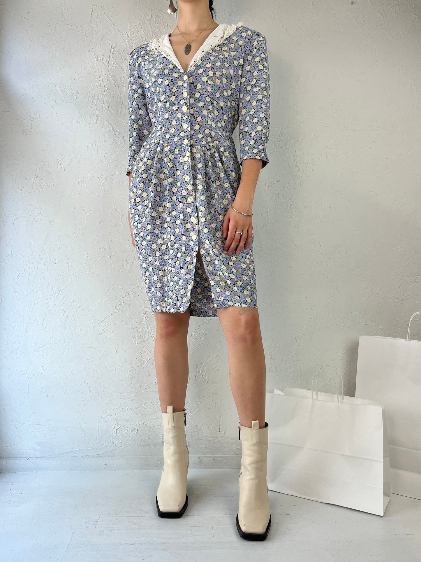 90s 'Sophisticates' Blue Floral Mini Dress / Medium