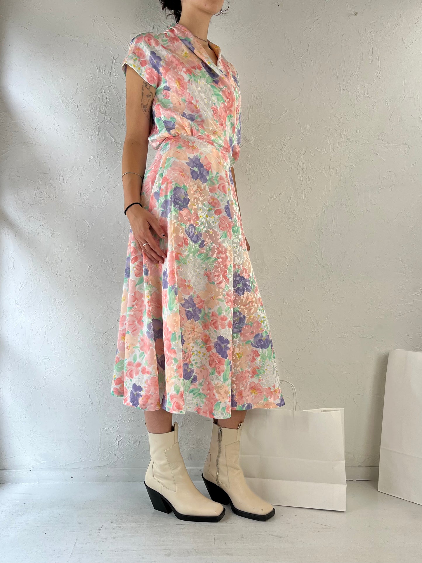 80s Pastel Floral Print Midi Dress / Small