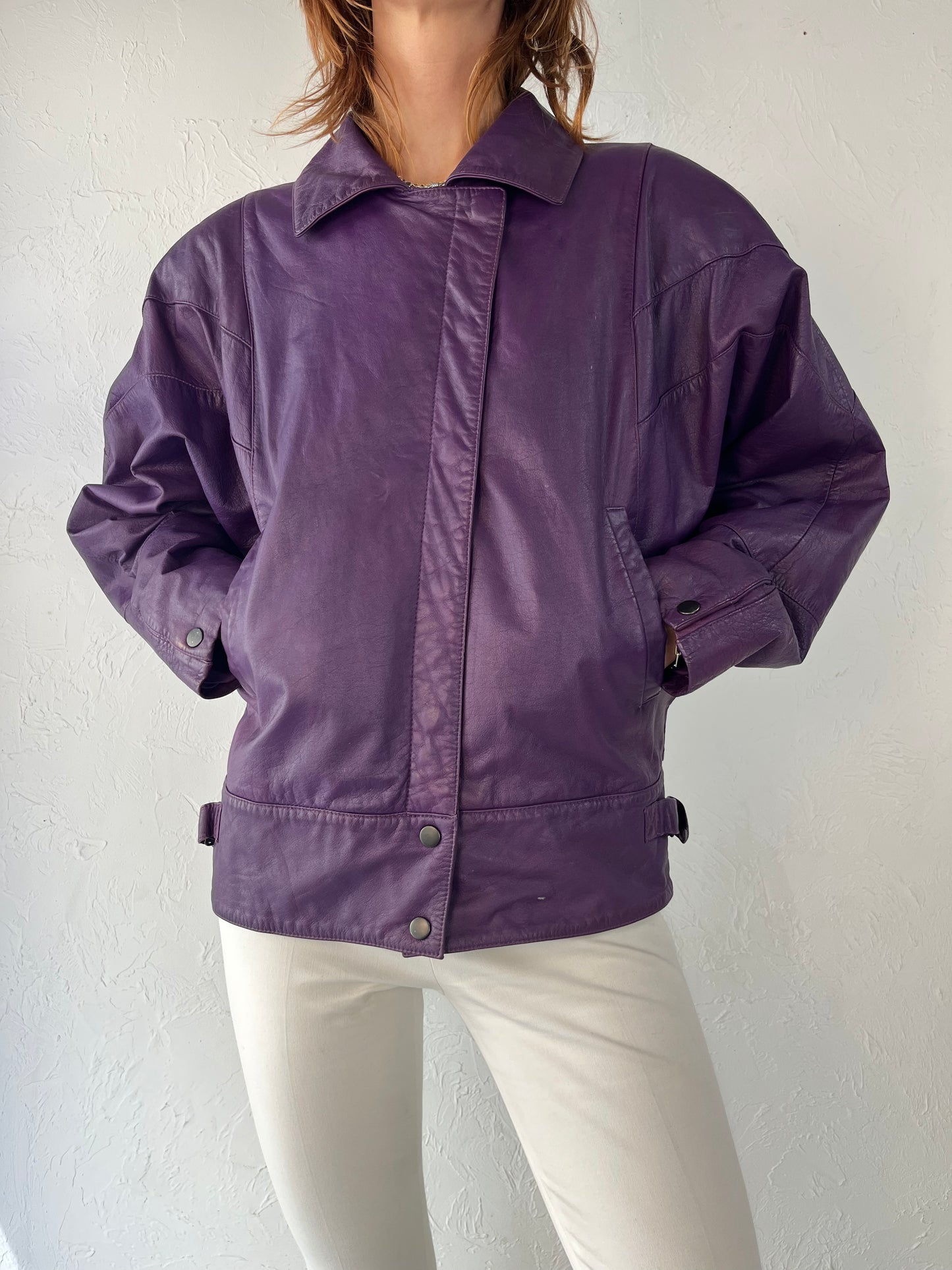 80s 90s 'Adam Douglas' Purple Leather Bomber Jacket / Small