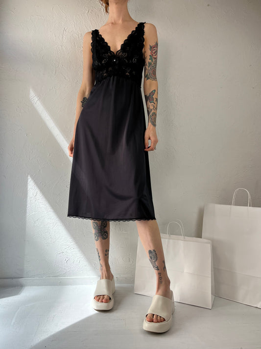 80s 'Shadowline' Black Lacey Slip Dress / Small