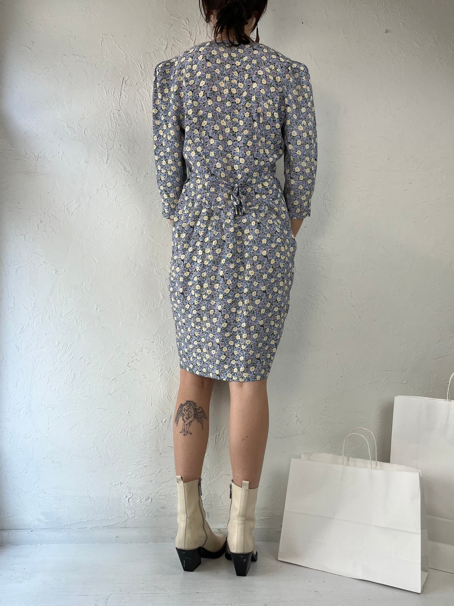 90s 'Sophisticates' Blue Floral Mini Dress / Medium