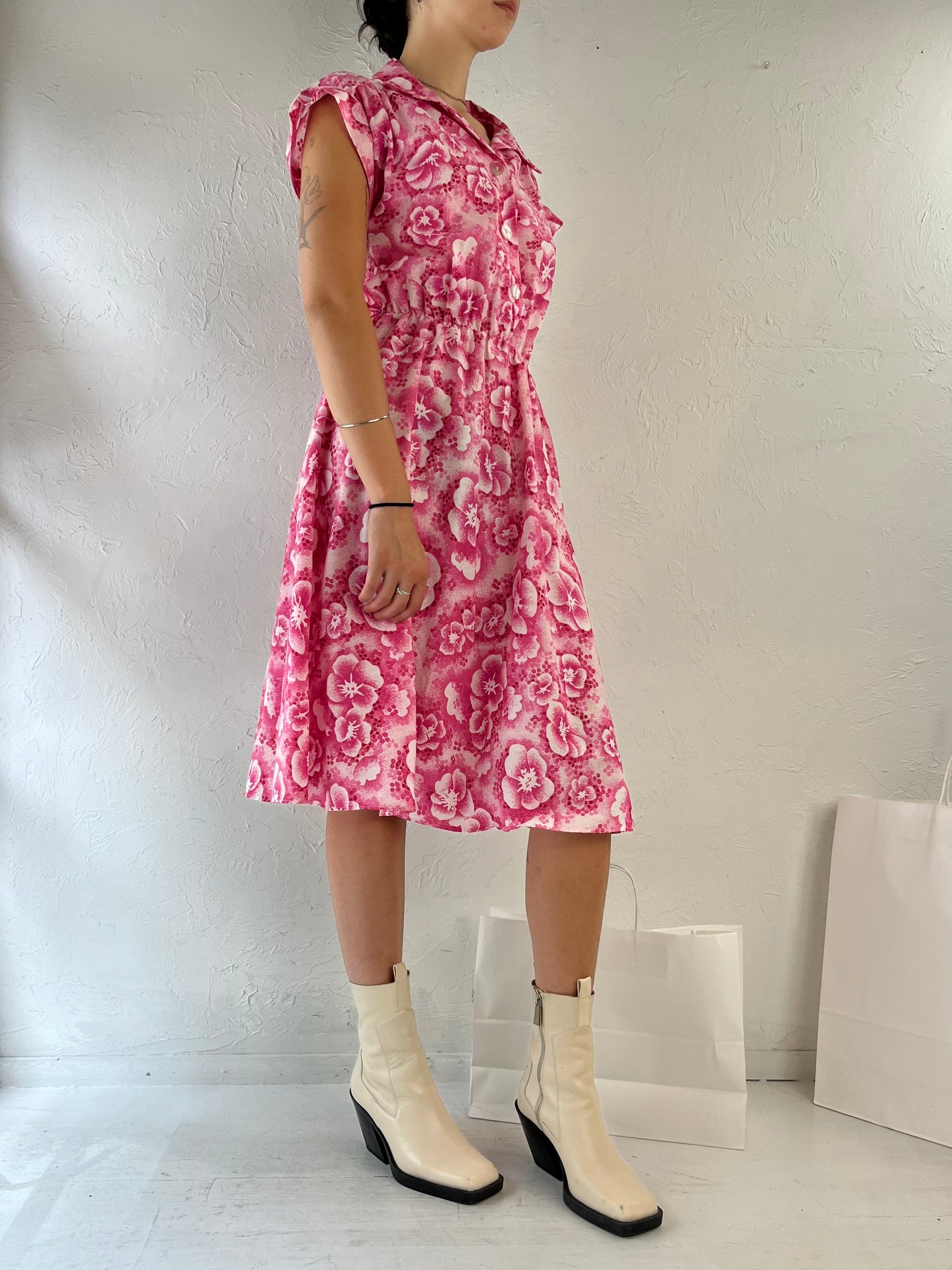80s 'Fancy Frocks' Pink Floral Collared A Line Dress / Small