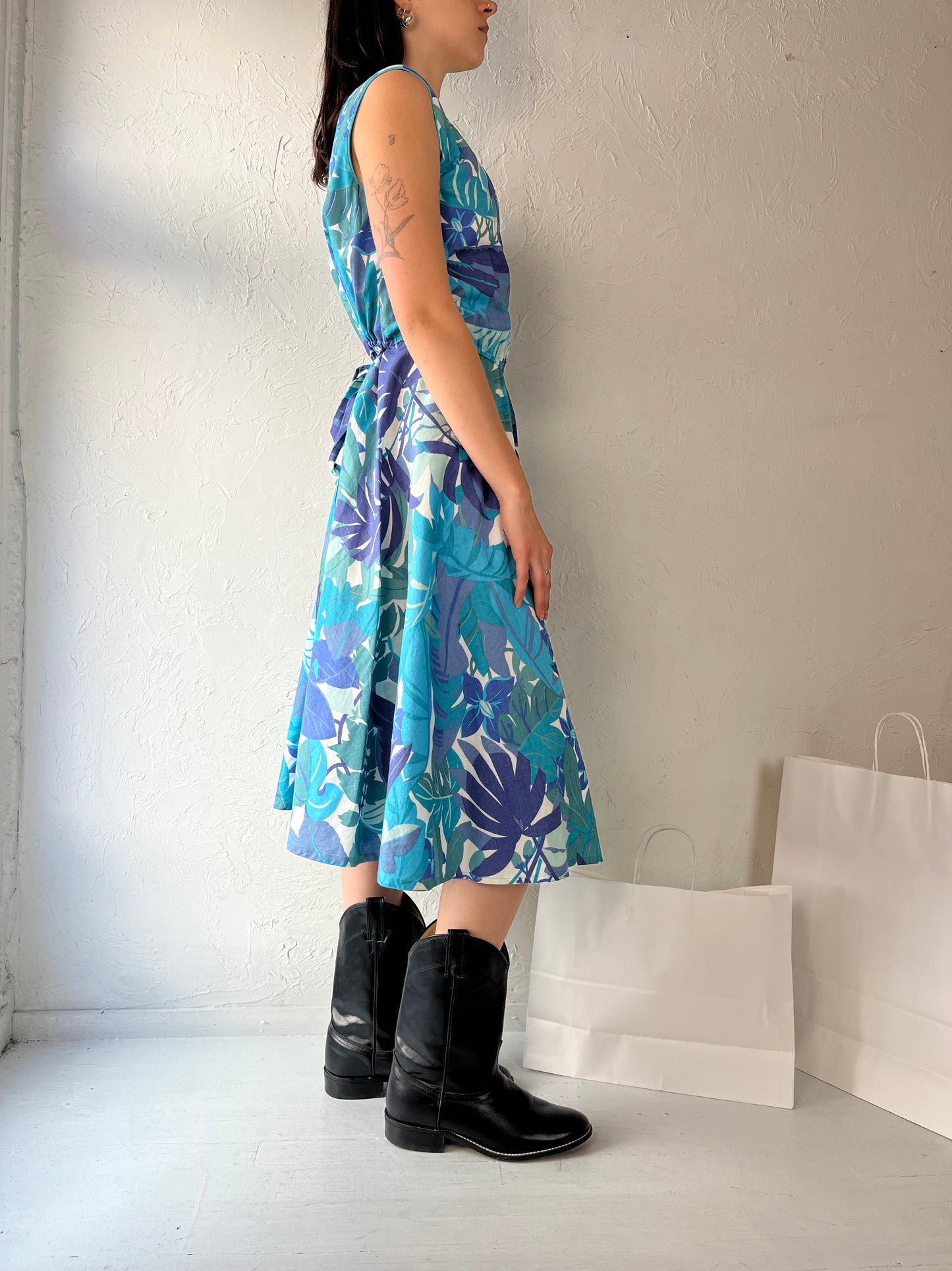 80s 'Dereta' Blue Cotton Floral Print Day Dress / Medium