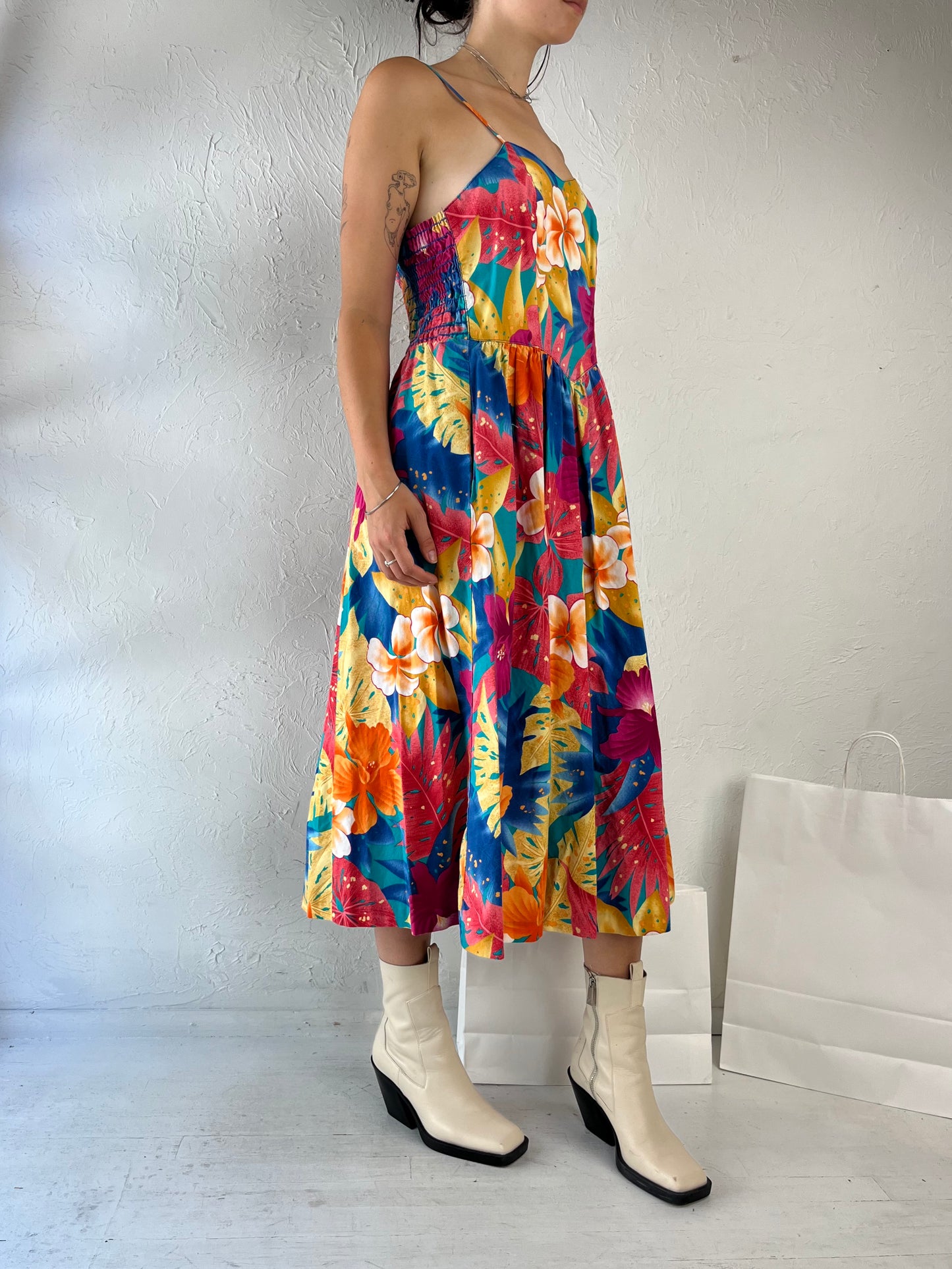 70s 'Diamond Tea Gown' Floral Print Day Dress / Union Made / Small - Medium