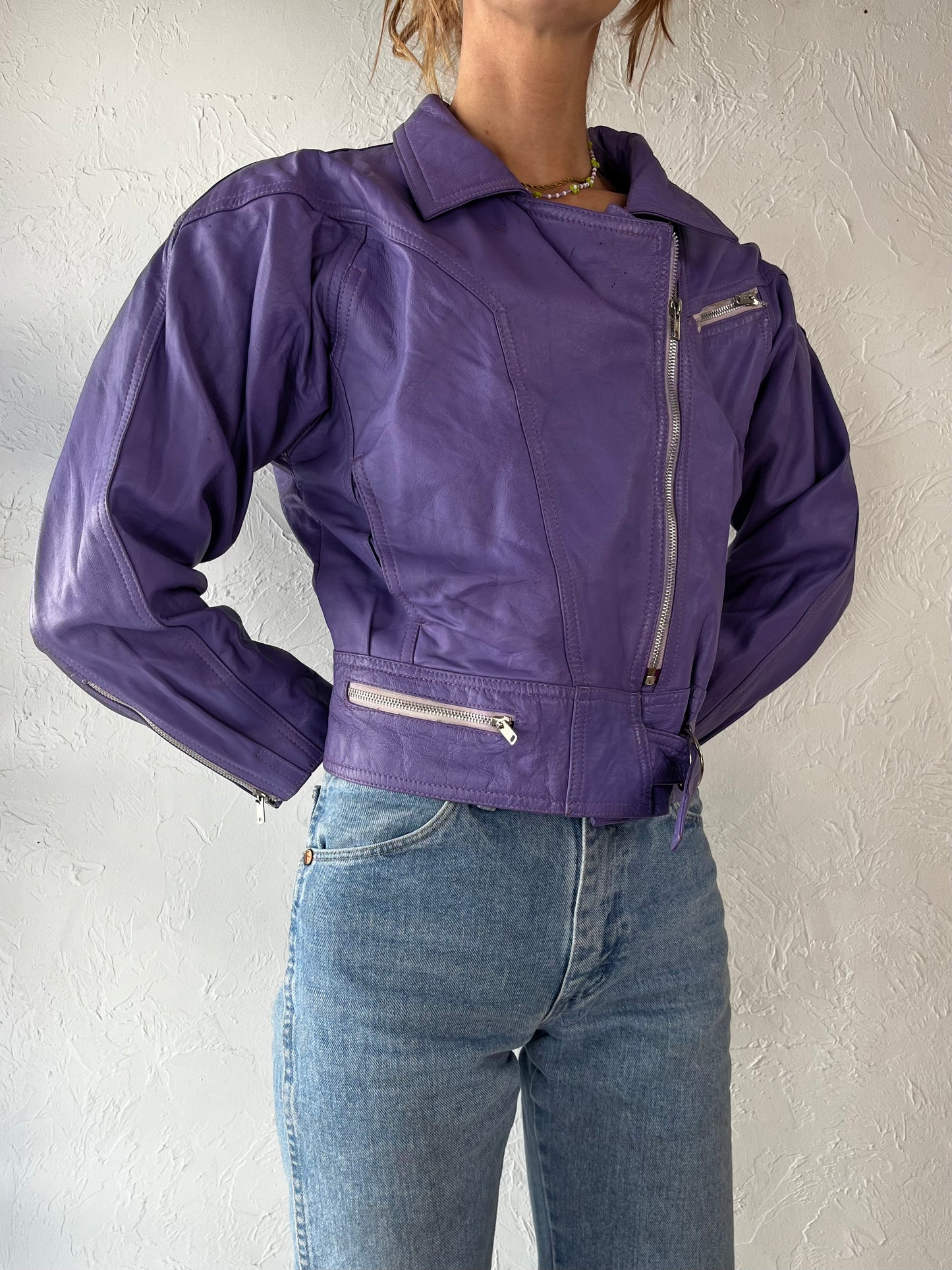 90s 'Khjana Imports' Purple Leather Moto Jacket / Medium