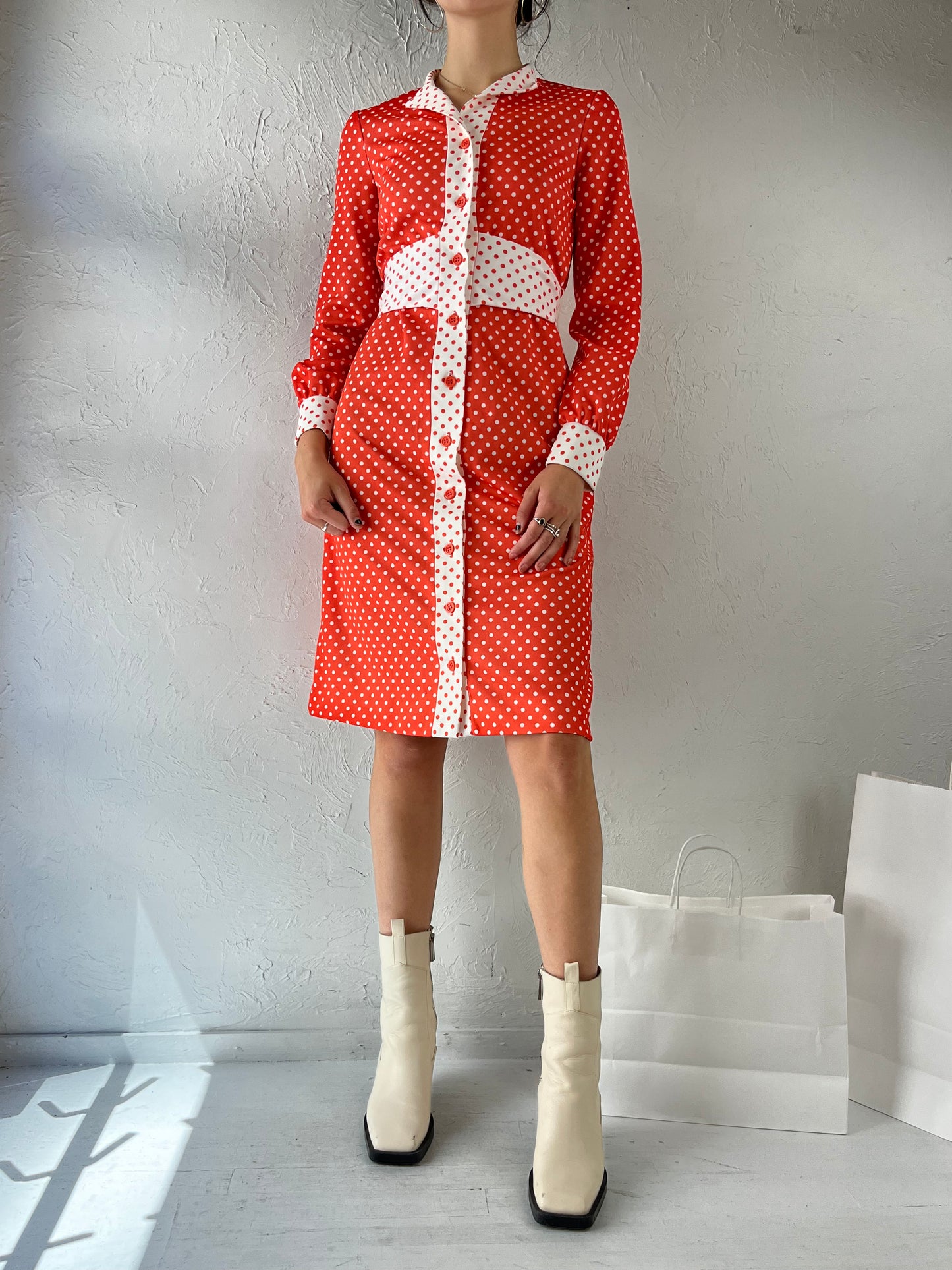 70s 'Strait Lane' Red Polka Dot Midi Dress / Small