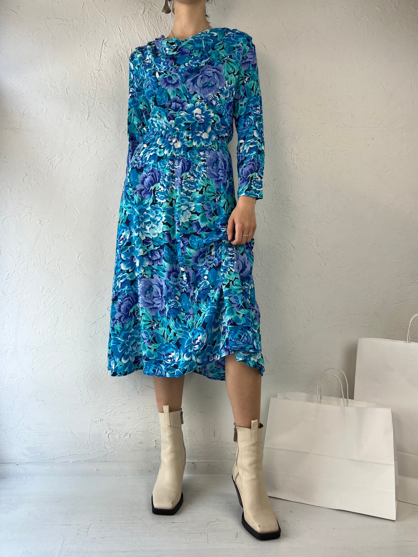 90s 'Mariposa' Blue Floral Print Rayon Dress / Small
