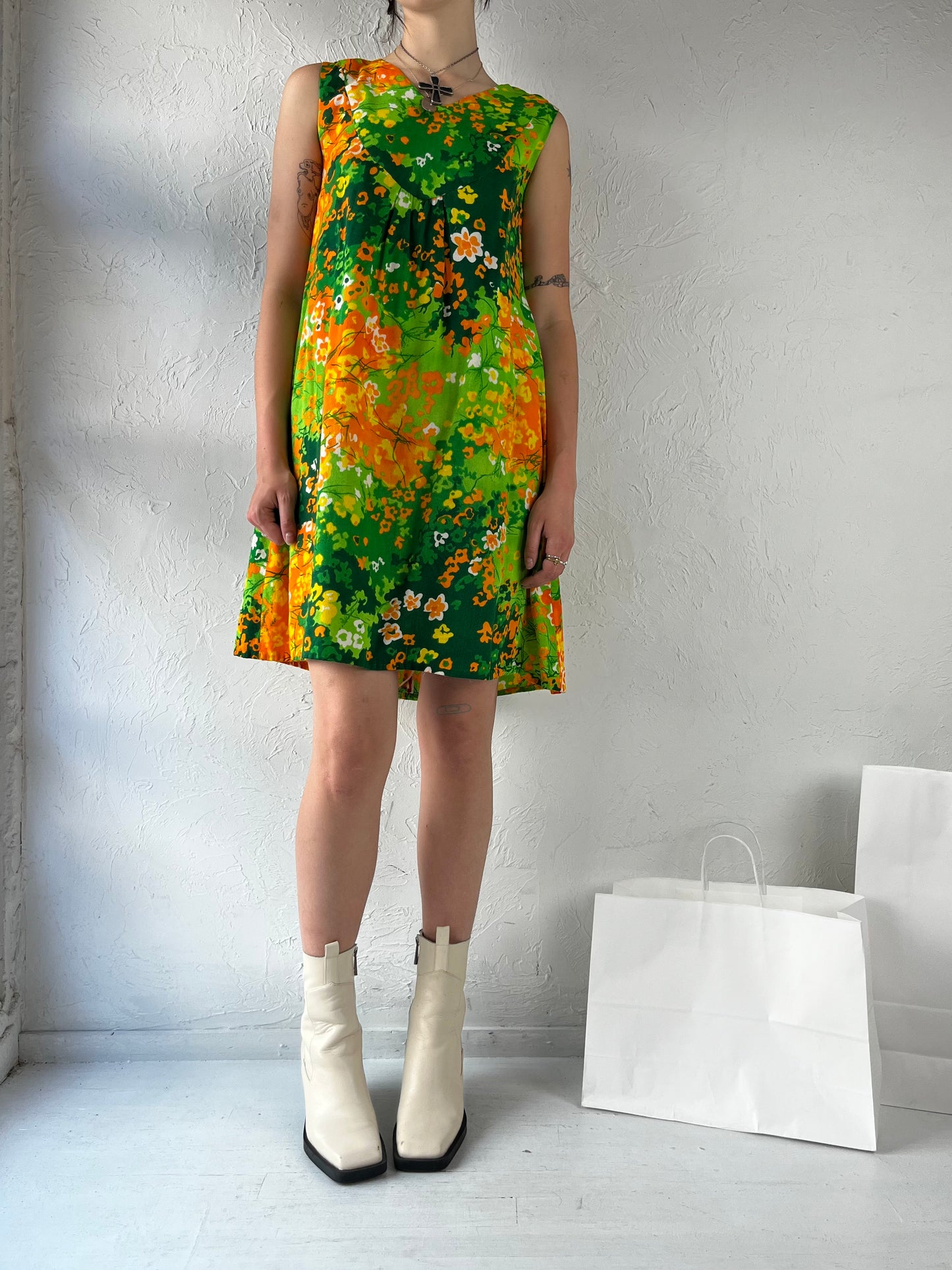 70s Green Floral Midi Dress / Medium