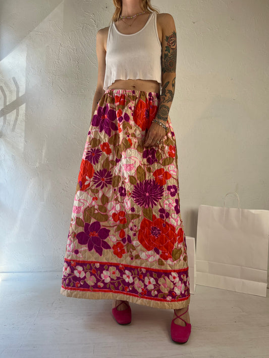 70s Handmade Quilted Floral Maxi Skirt / Small
