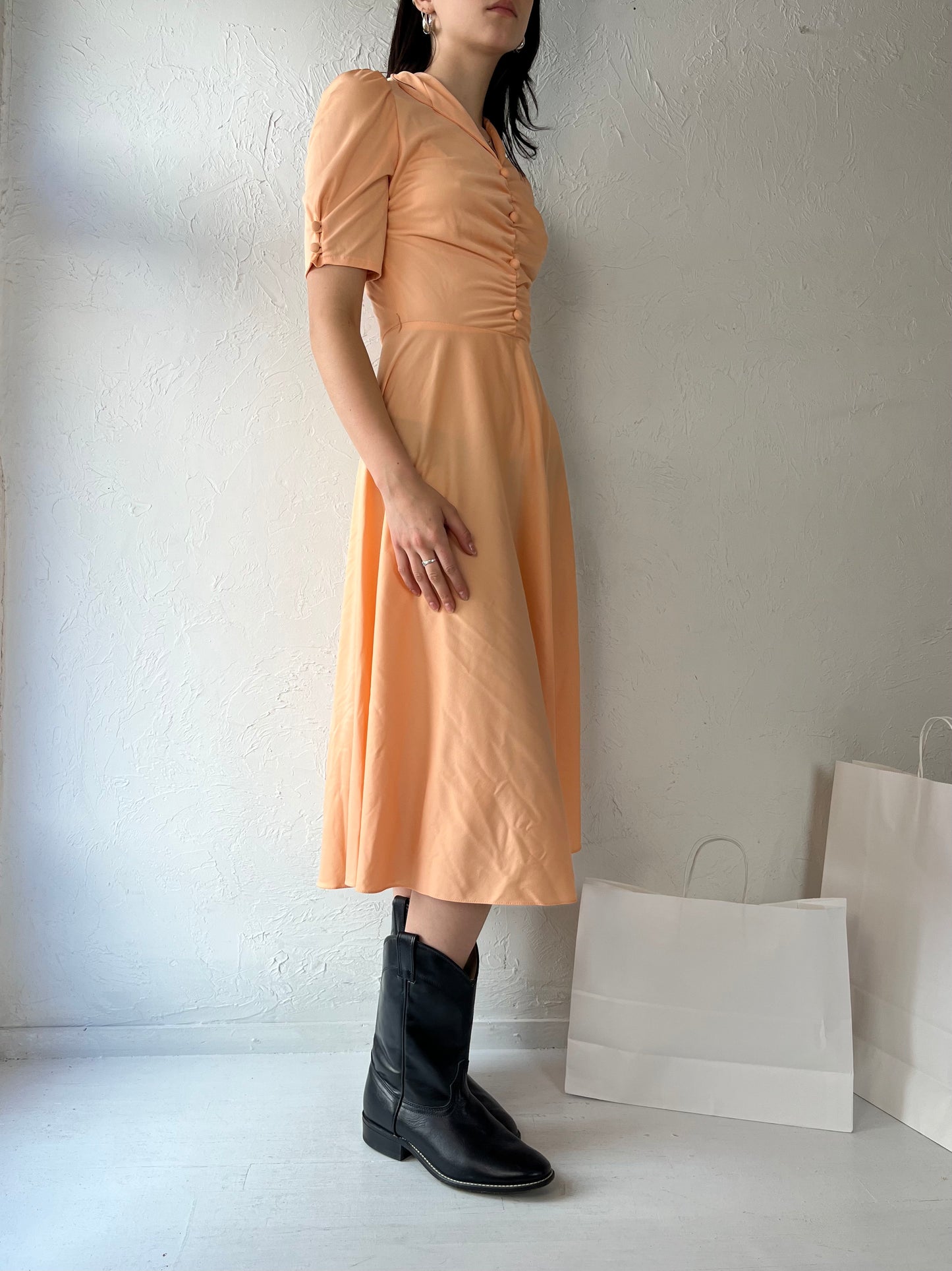 70s 'Sandi Gale' Peach Polyester Fitted Midi Dress / Small