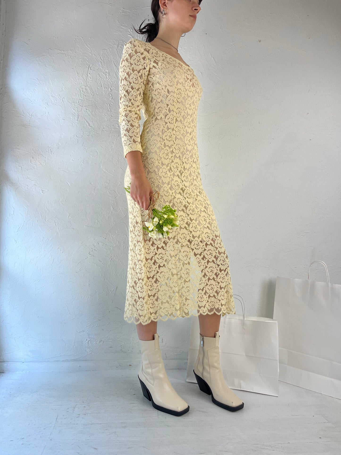 90s Cream Lace Long Sleeve Wedding Midi Dress / Small