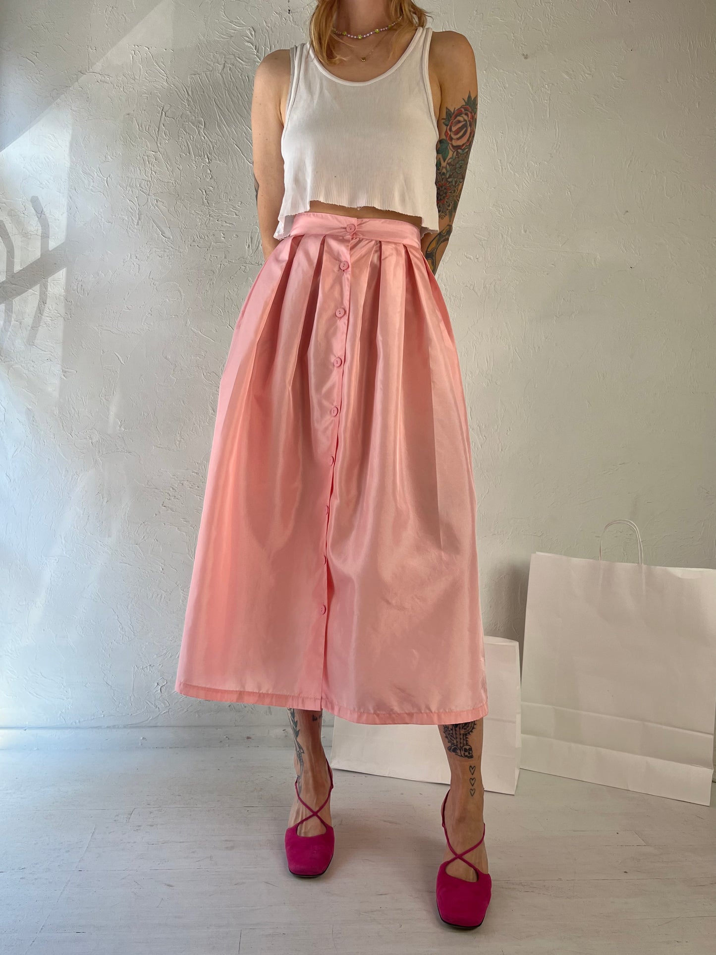 80s 'Santa Cruz' Baby Pink Button Up A Line Skirt / Small