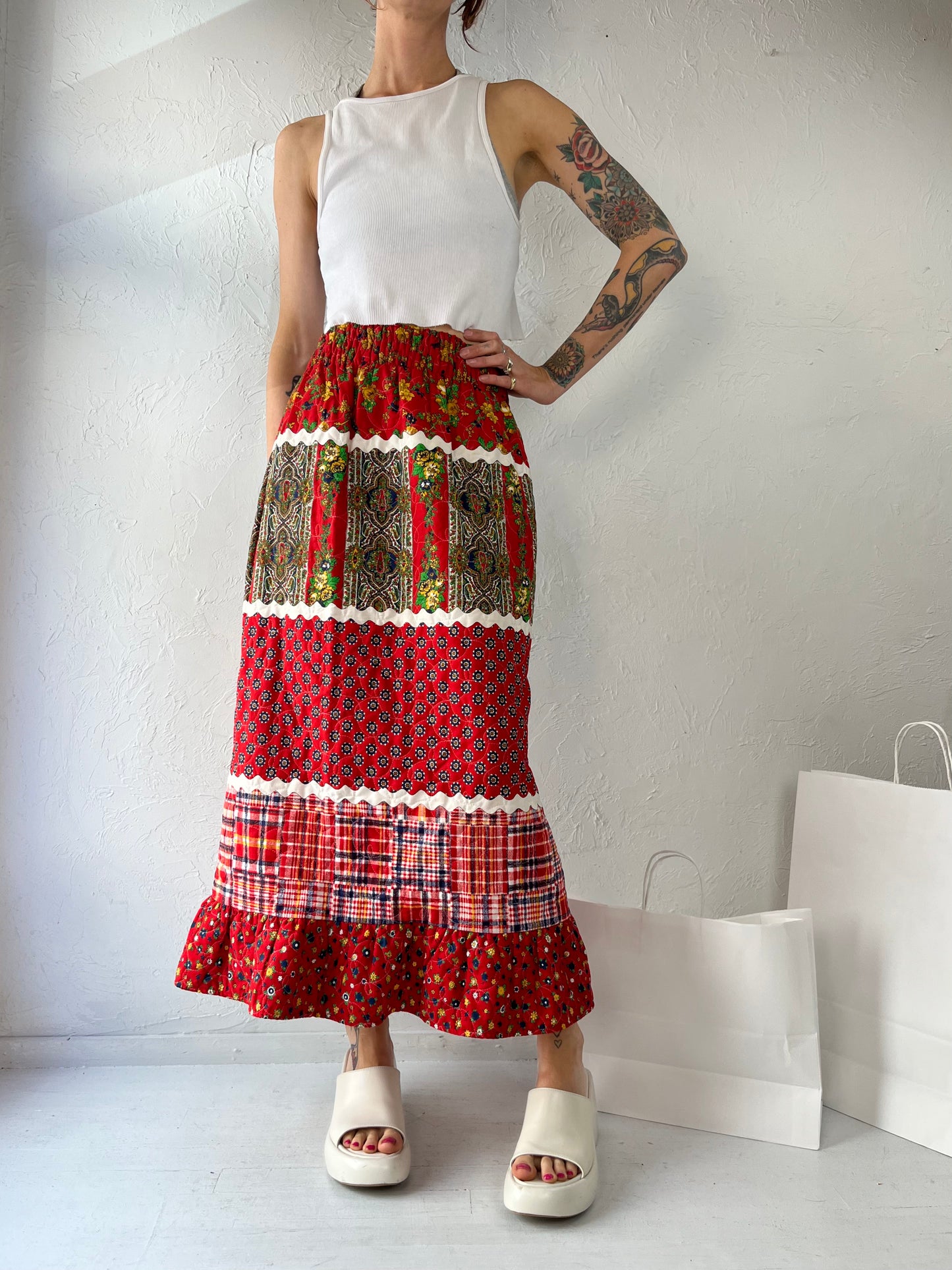 70s Quilted Maxi Skirt / Small