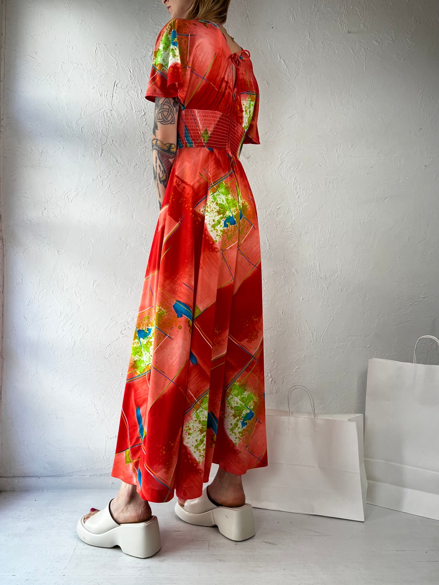 70s V Neck Red Abstract Print Maxi Dress / Small