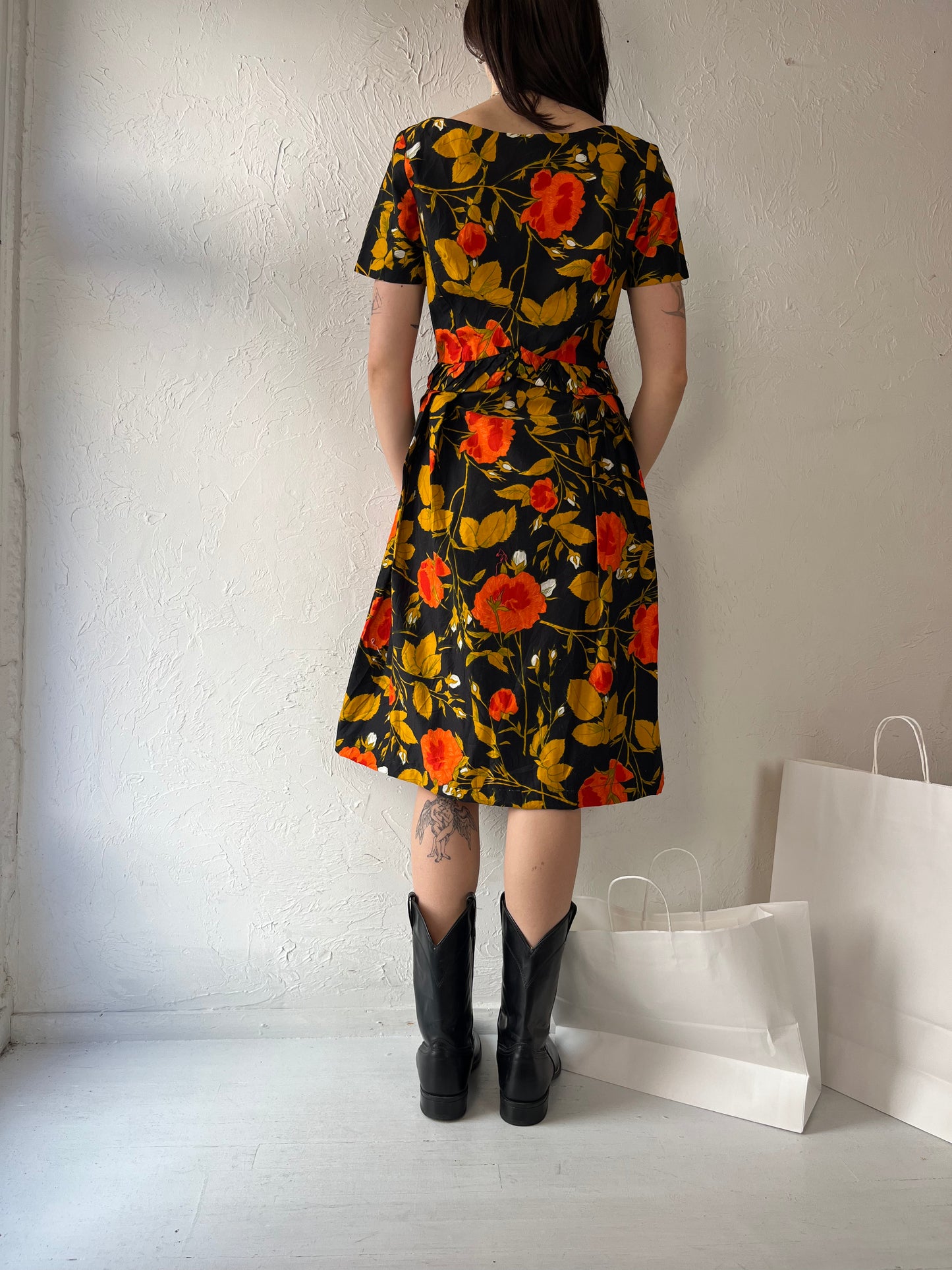 60s 70s 'LL' Black Floral Print Day Dress / Medium