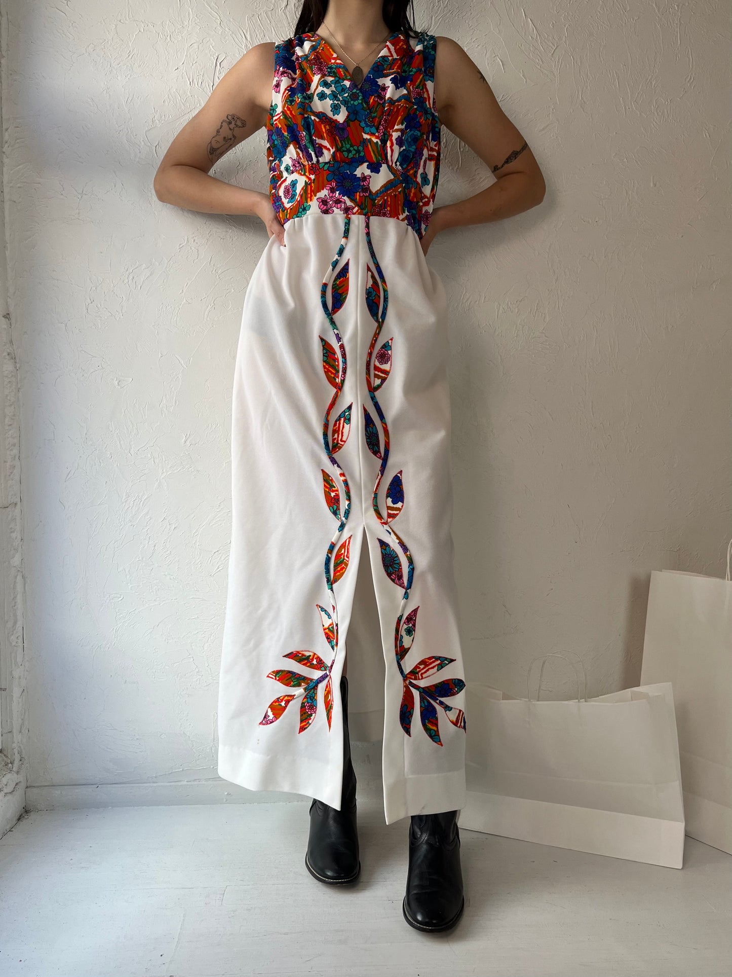 70s 'Gina Rinaldi' White Retro Floral Maxi Dress / Medium