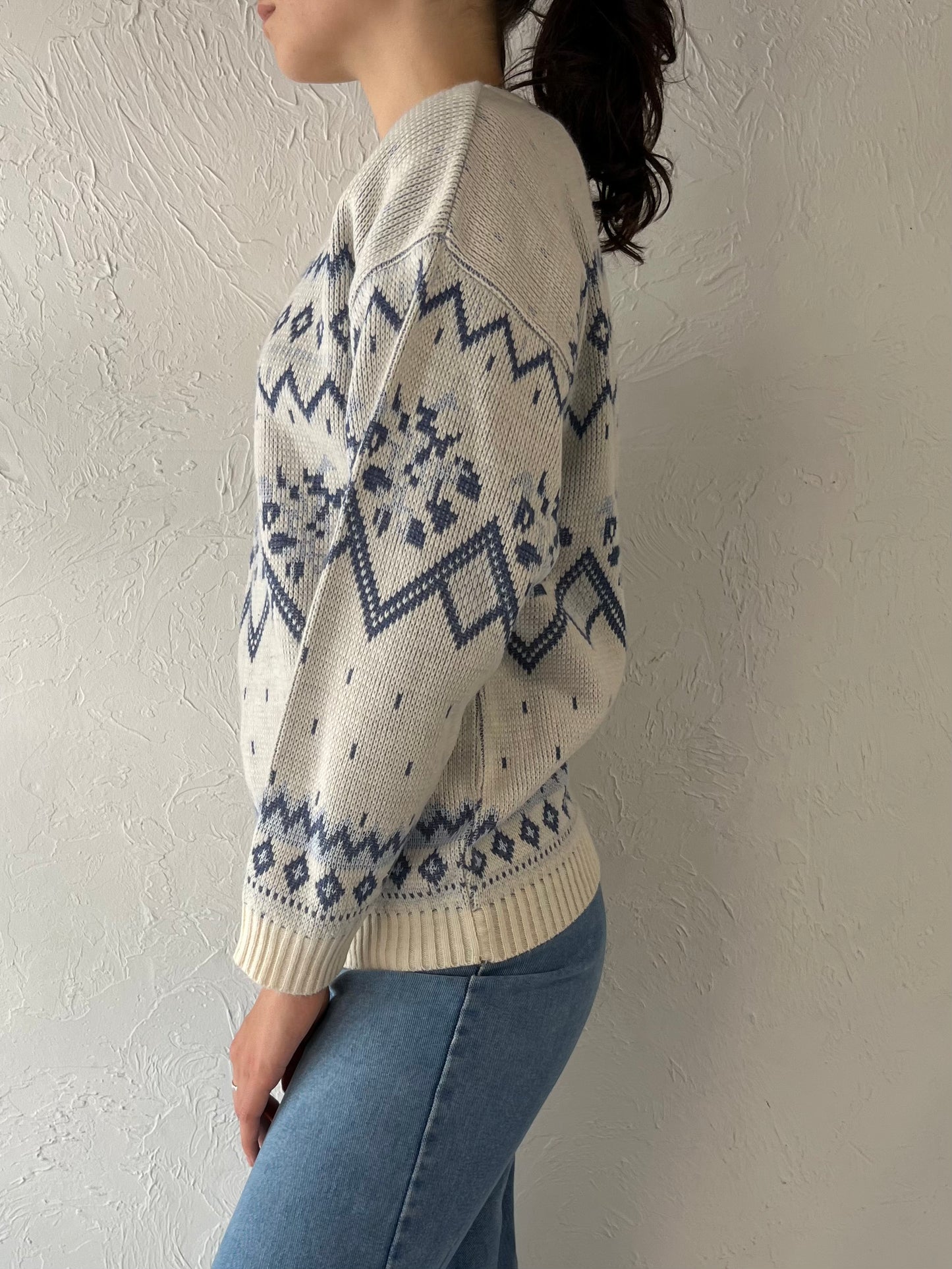 90s Blue and White Knit Ski Sweater / Medium