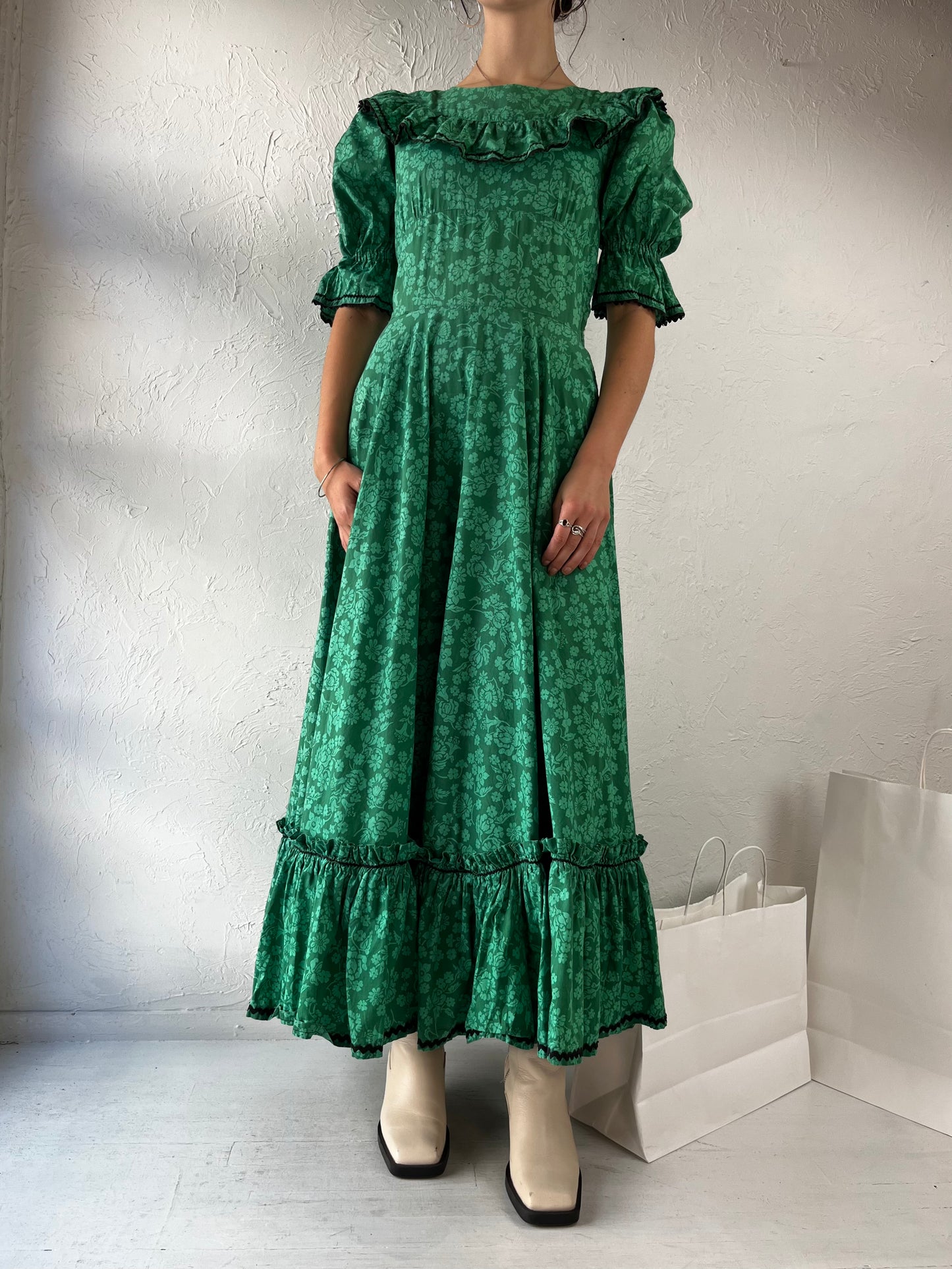90s Handmade Green Floral Cottage Core Maxi Dress / Medium
