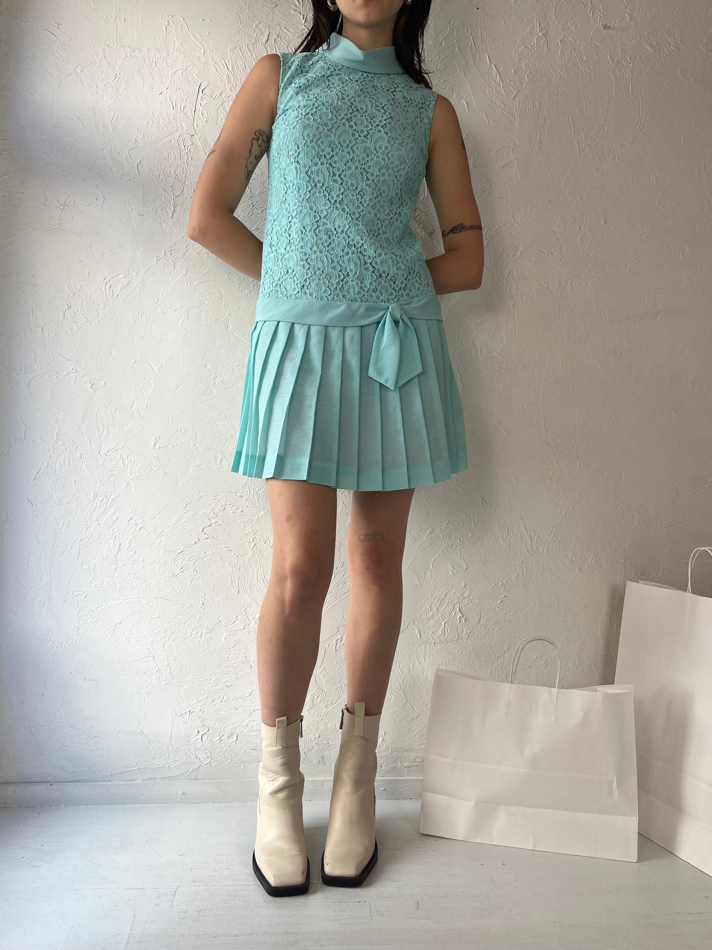 70s Blue Lace Drop Waist Mini Dress / Small
