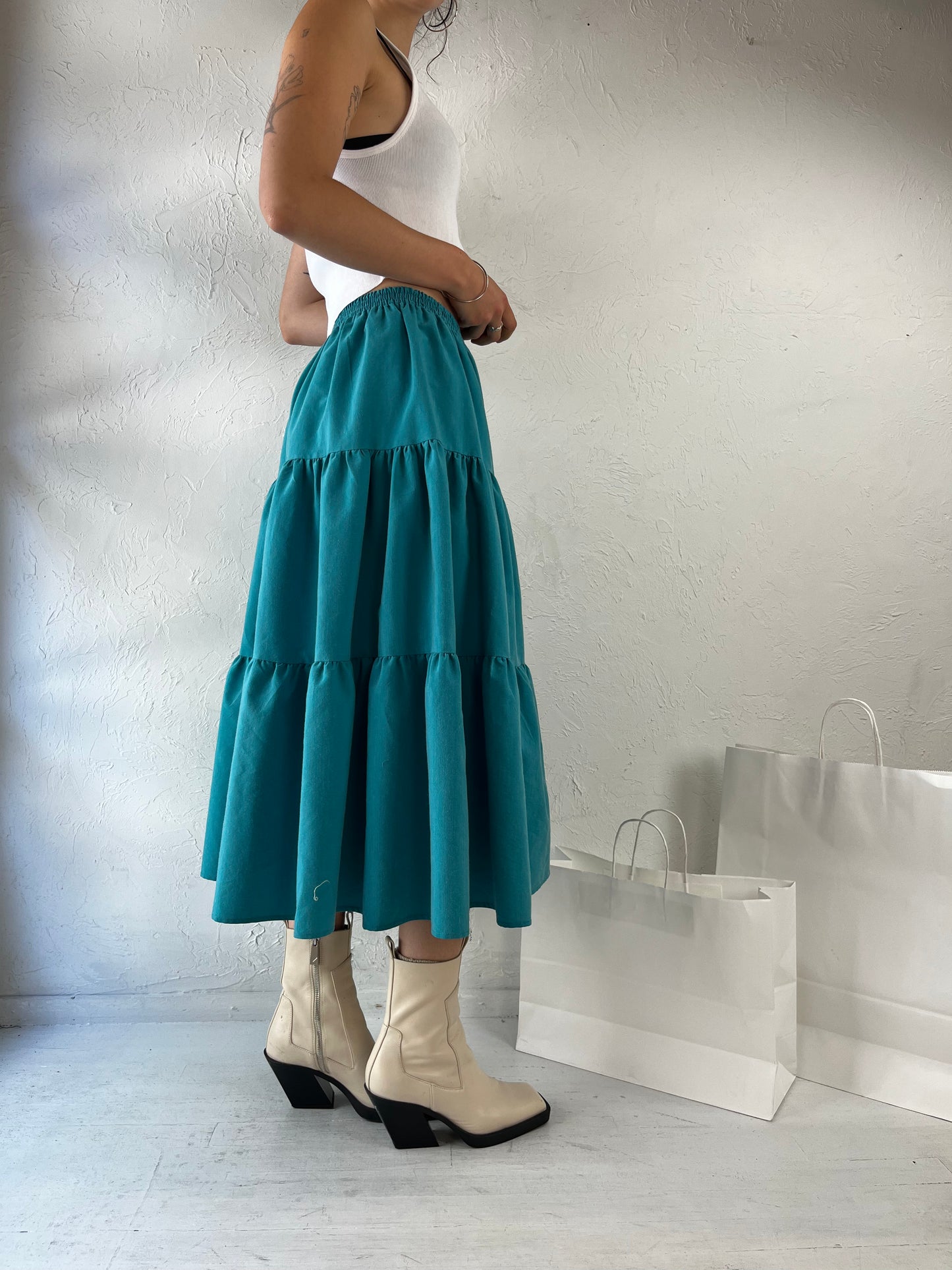 90s Teal Blue Peasant Skirt / Small