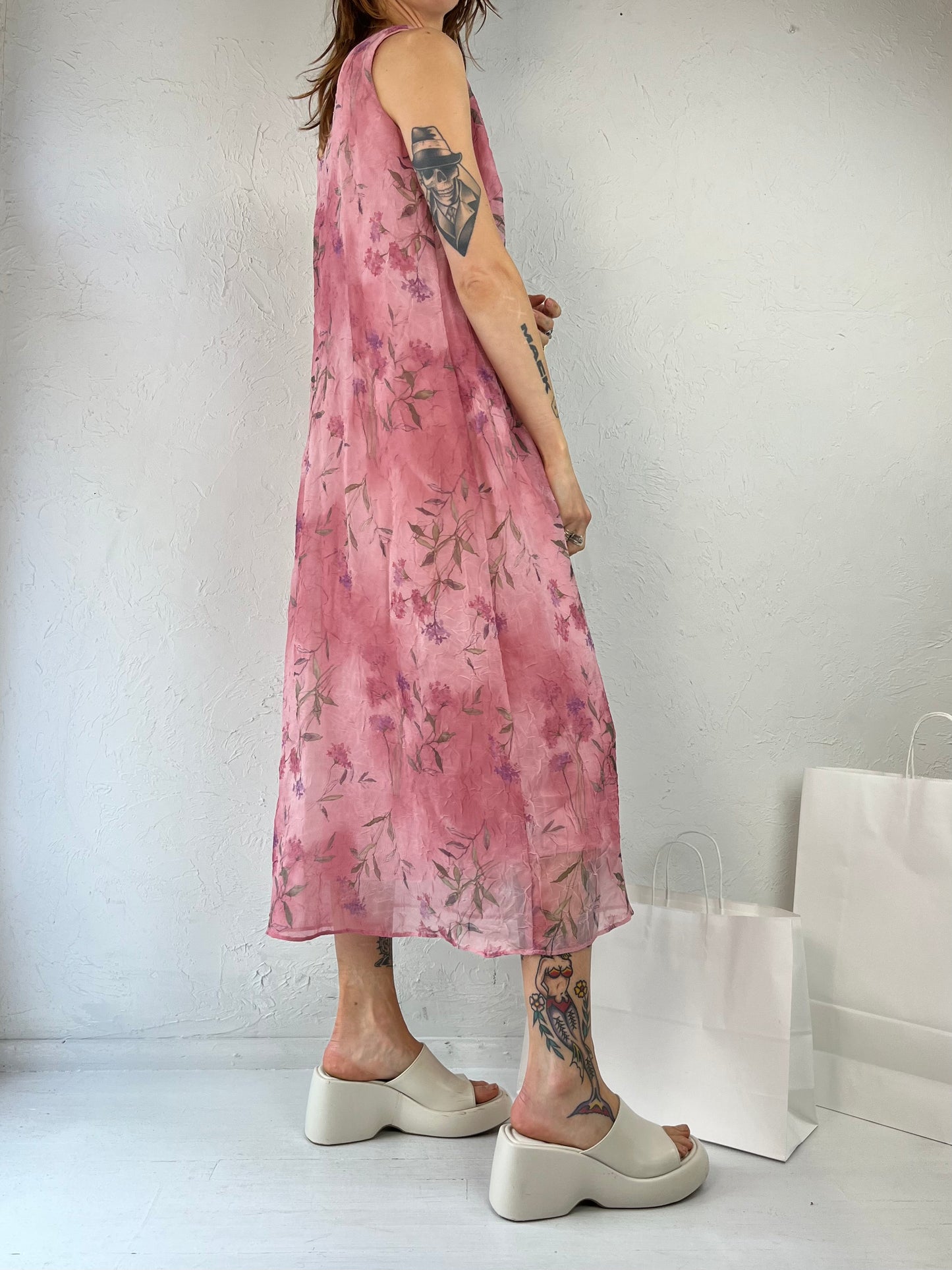 Y2K 'K Petite' Pink Sleeveless Crinkle Maxi Dress / Medium