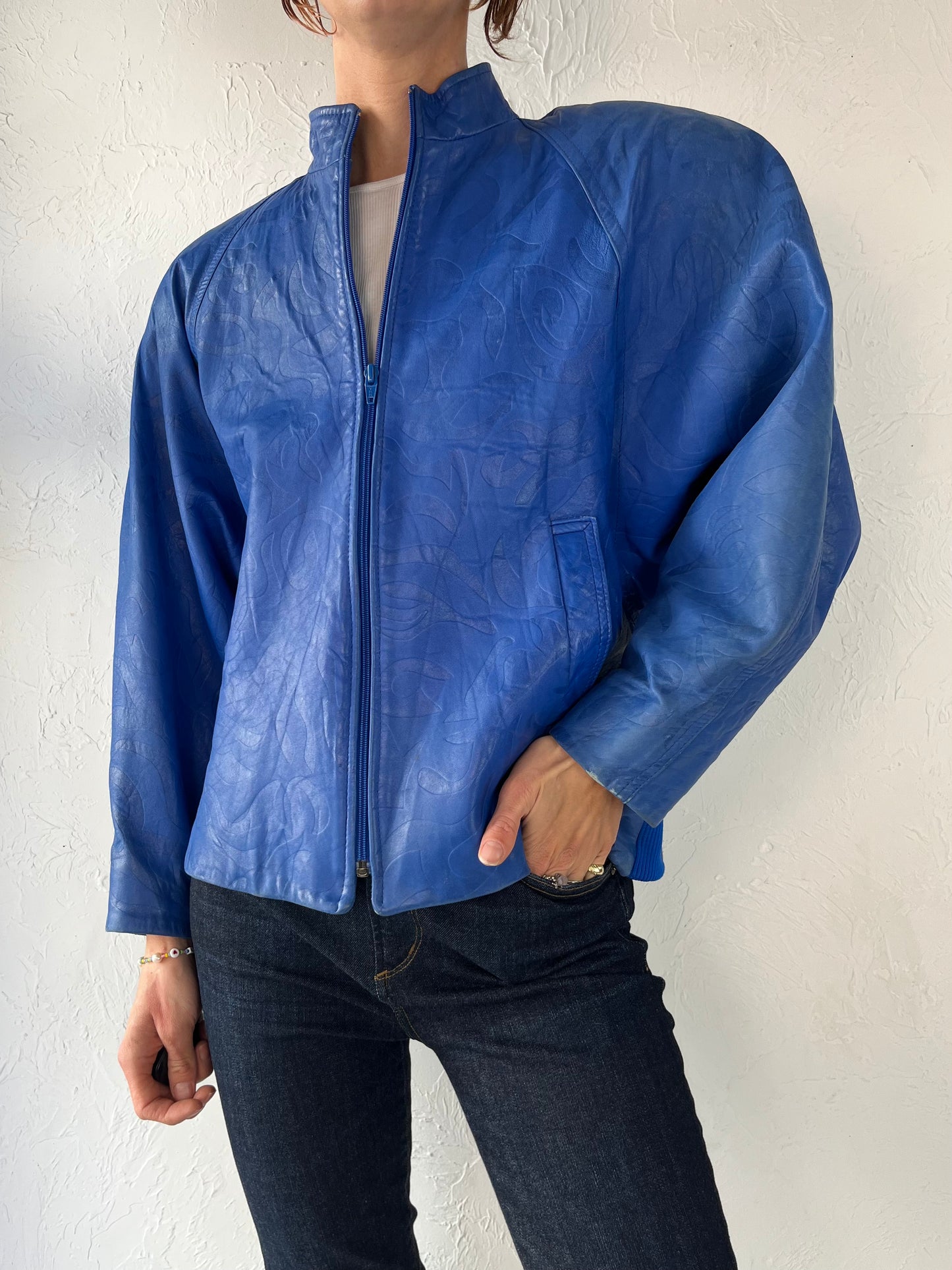 80s 'Danier' Blue Embossed Leather Jacket / Small