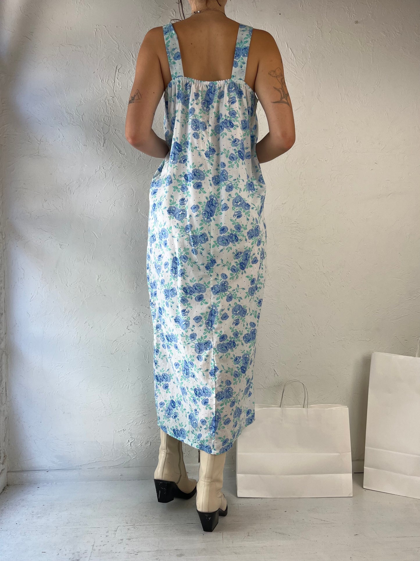 90s Blue Floral Print Cottage Core Dress / Medium