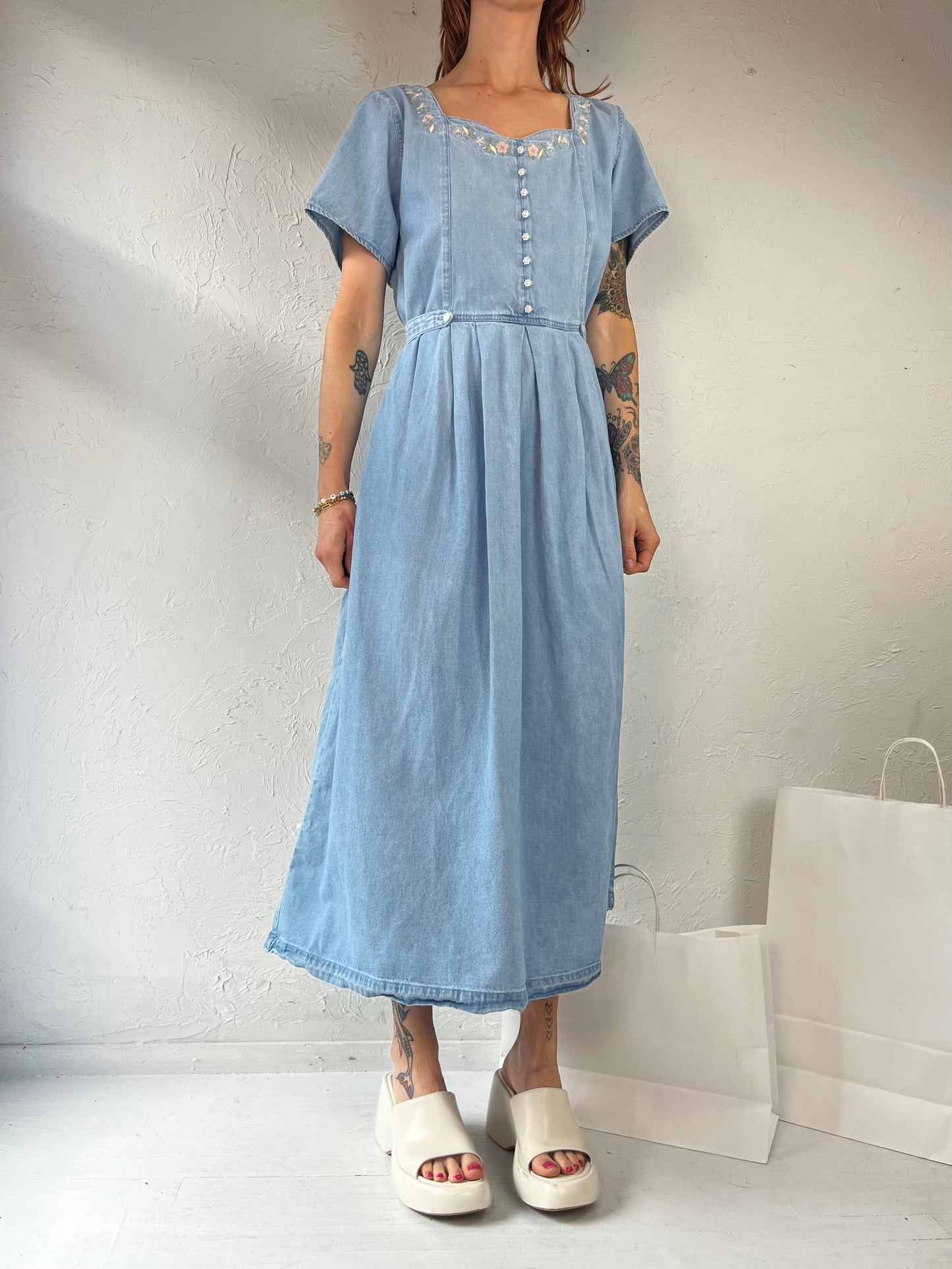 90s Fitted Denim Maxi Dress / Large