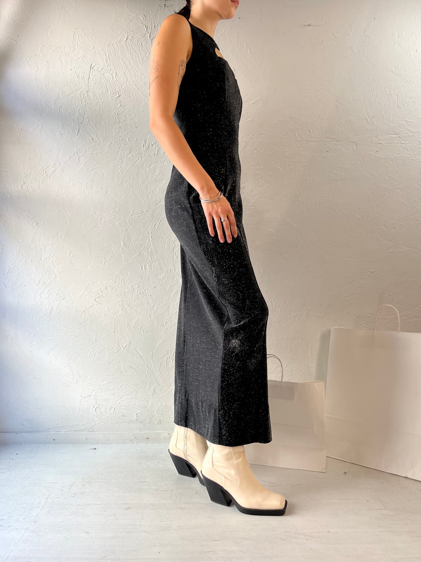 80s 'Nu Mode' Black Sparkly Cut Out Evening Dress / Medium