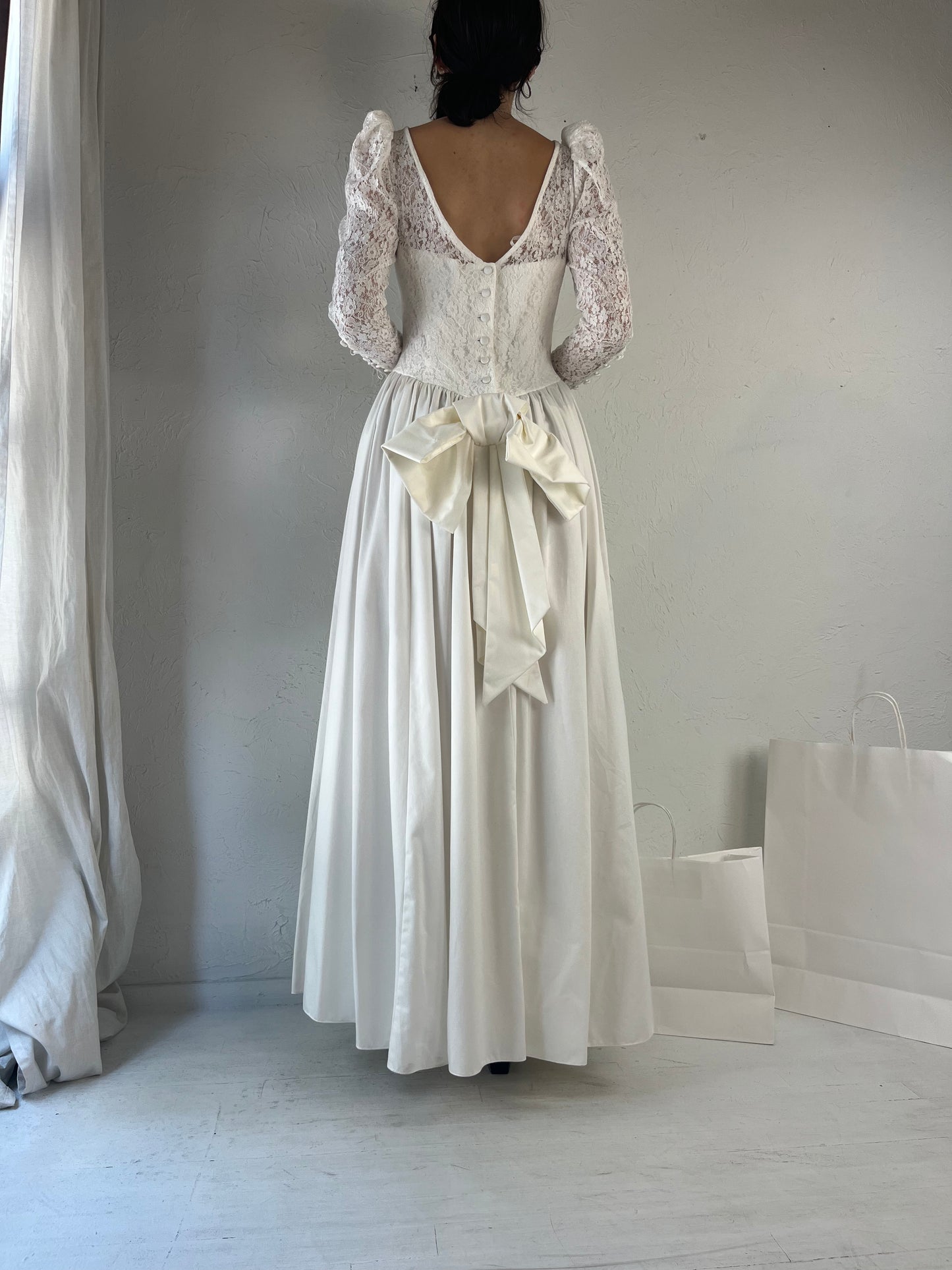 90s 'Laura Ashley' White Cotton Wedding Dress / Medium