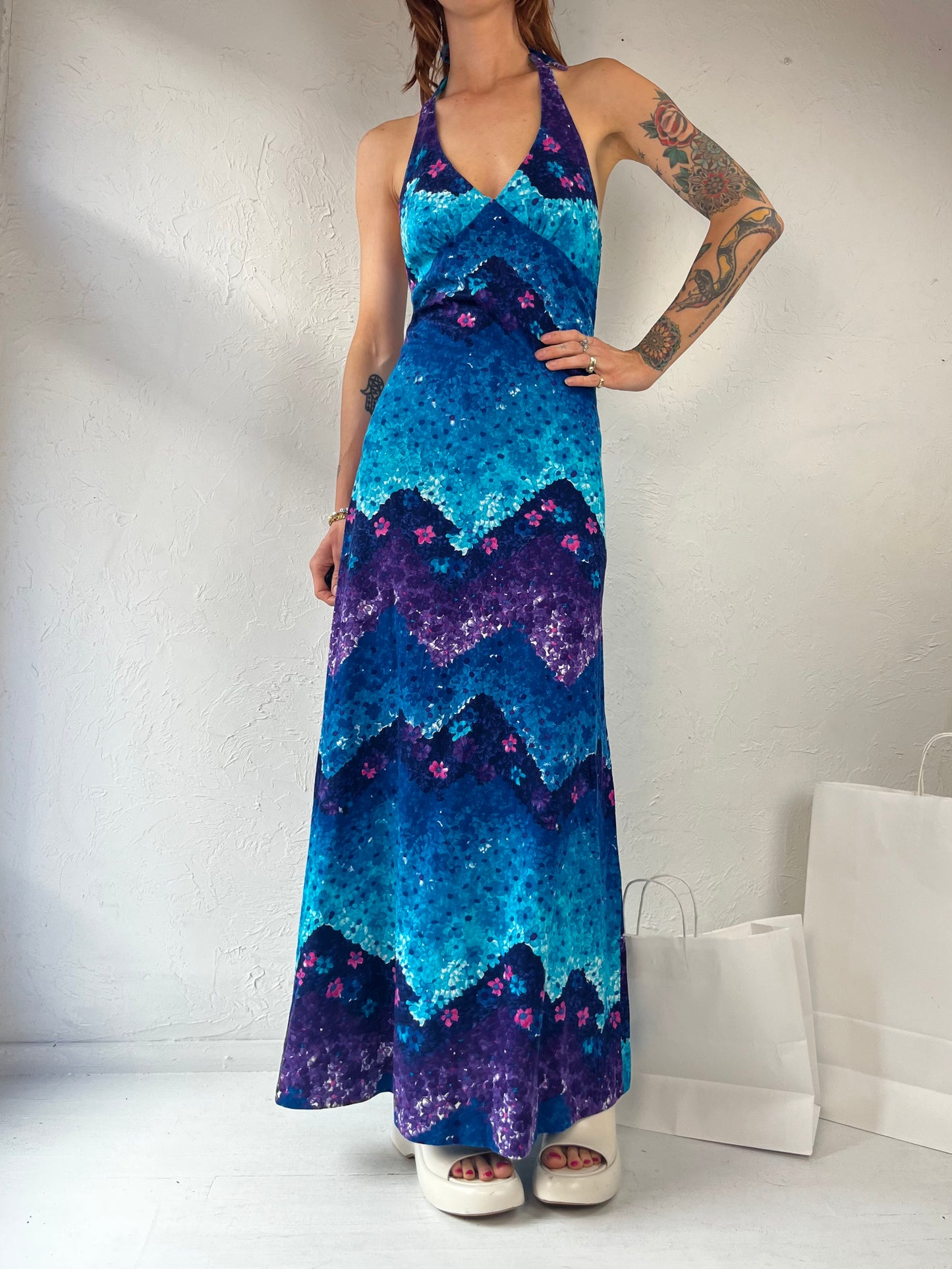 70s Handmade Blue Floral Halter Maxi Dress / Small
