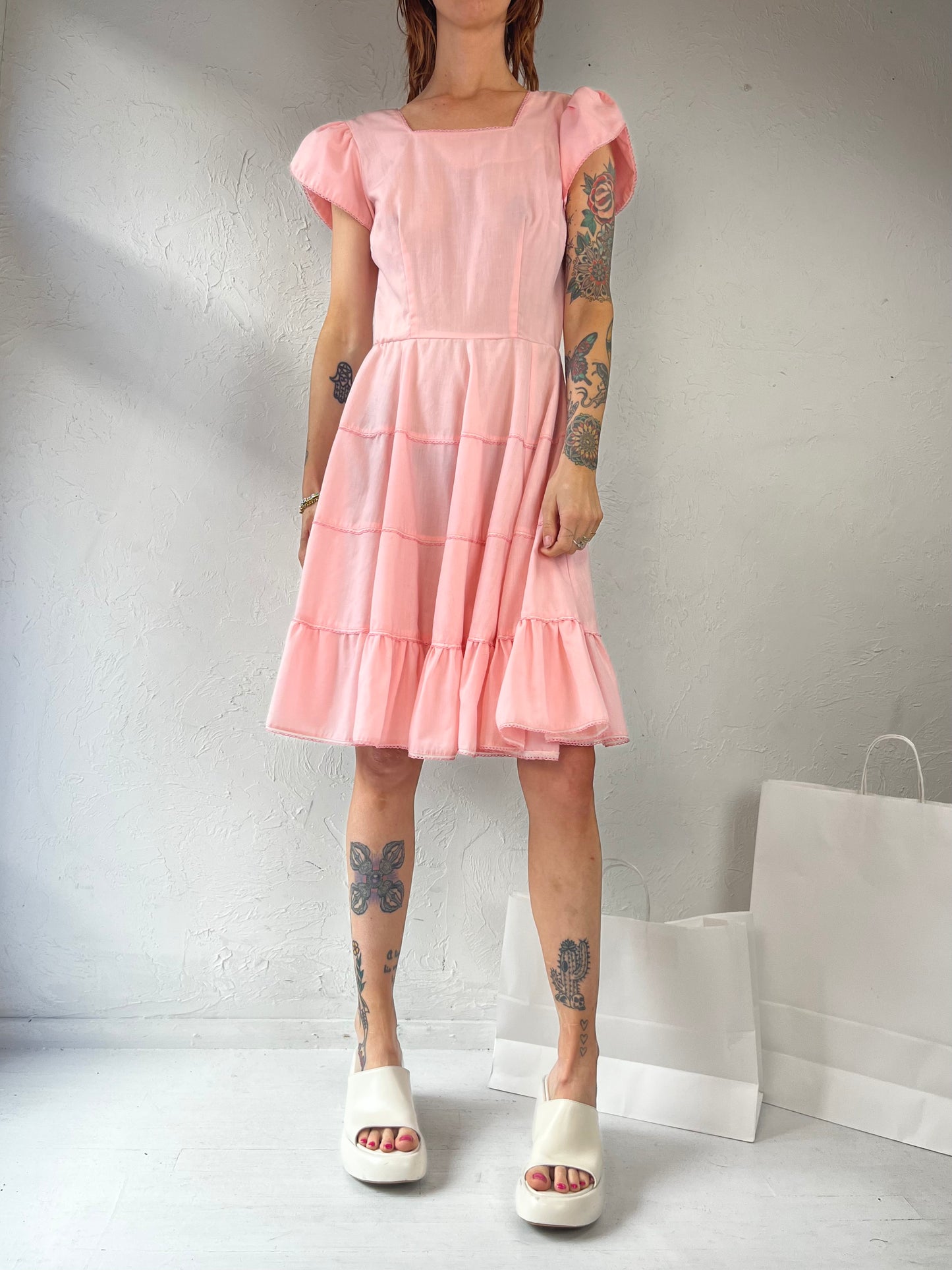 80s 'Square Dance Dress Co' Pink Midi Dress / Small