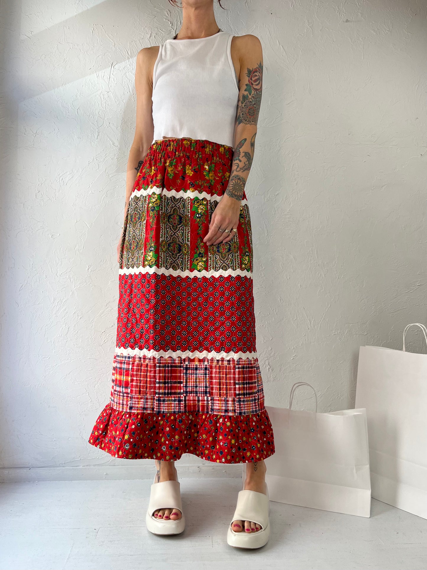 70s Quilted Maxi Skirt / Small
