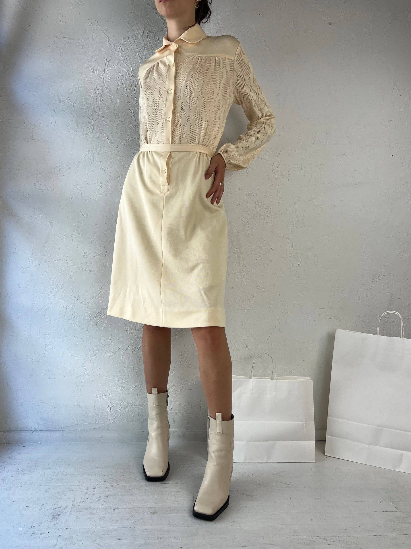 80s 'Stage T' Cream Polyester Collared Dress / Small
