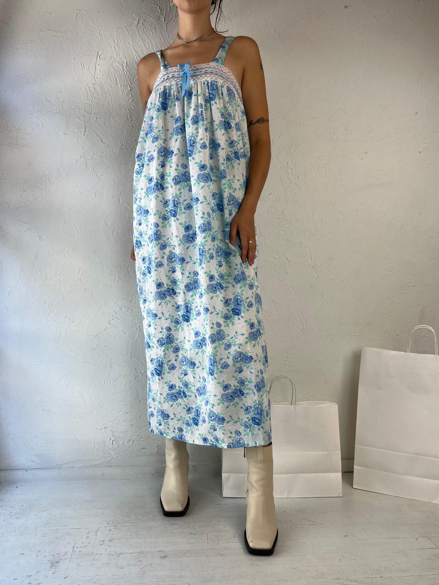 90s Blue Floral Print Cottage Core Dress / Medium