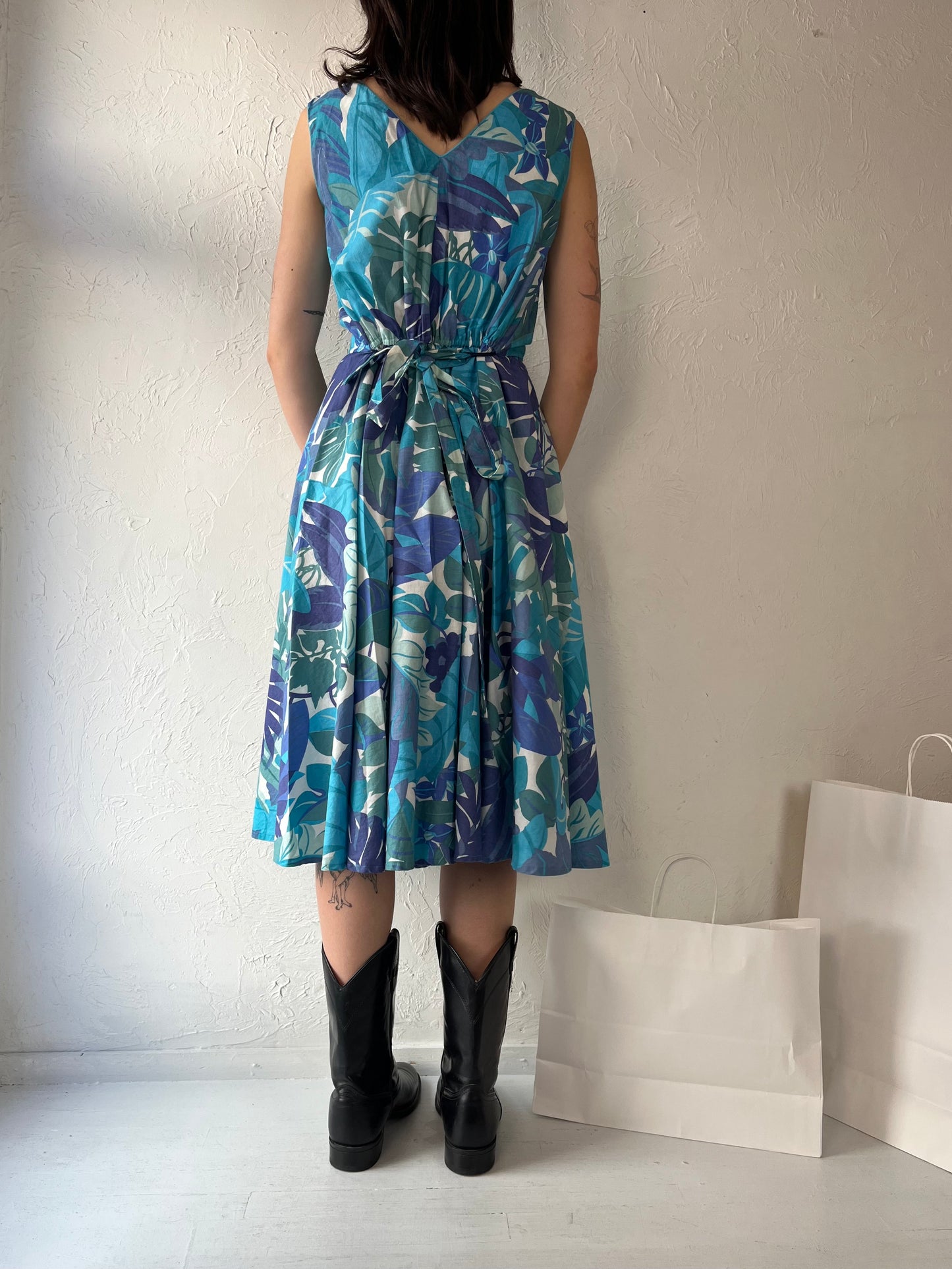 80s 'Dereta' Blue Cotton Floral Print Day Dress / Medium