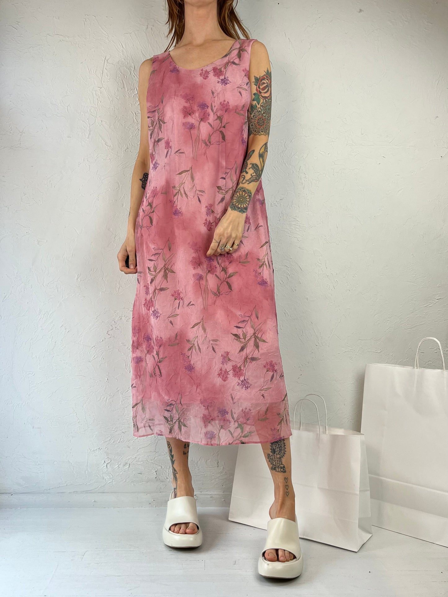 Y2K 'K Petite' Pink Sleeveless Crinkle Maxi Dress / Medium