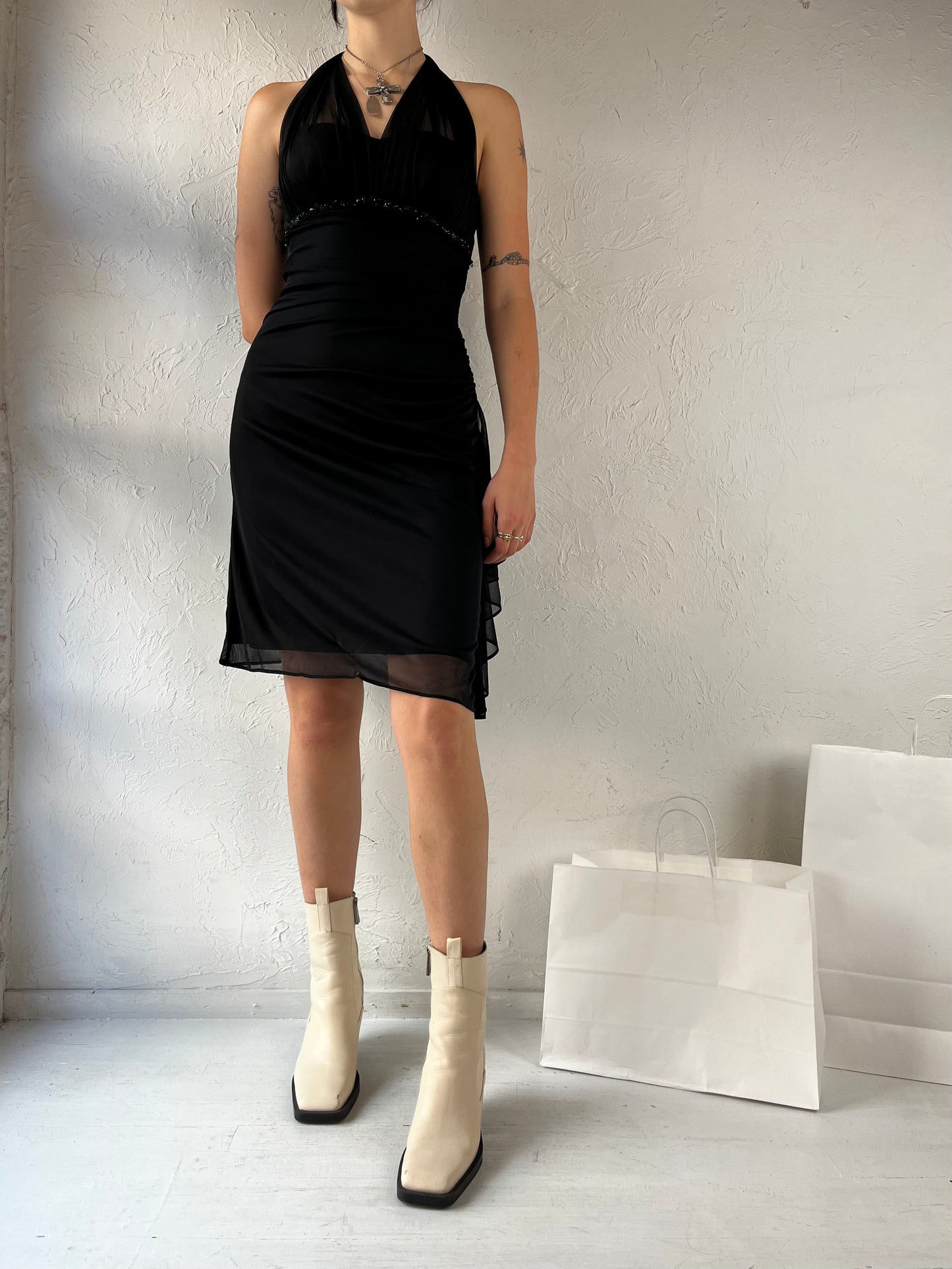90s 'Blondie Nites' Short Black Halter Evening Dress / Small