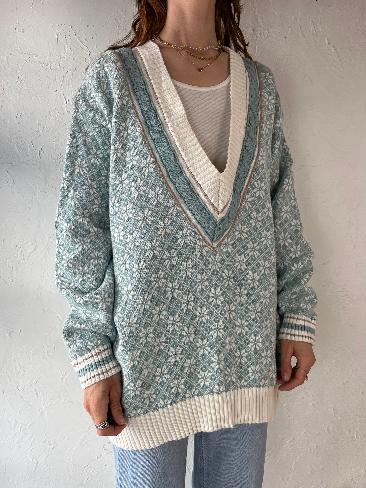 90s 'Liz Claiborne' Blue Cotton Knit V Neck Sweater / Small