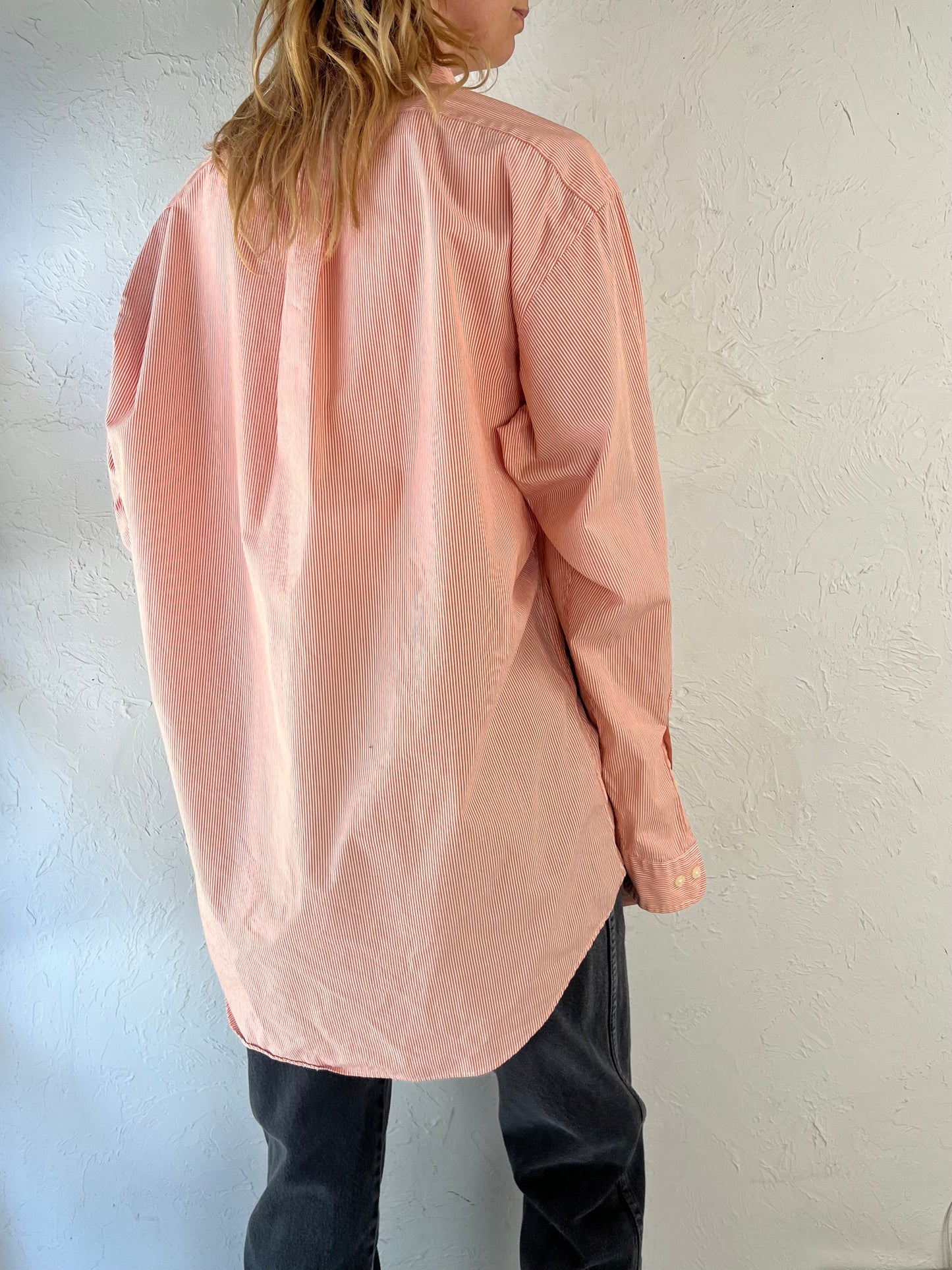 Y2K 'Ralph Lauren' Pink Striped Button Up Cotton Mens Dress Shirt / Large