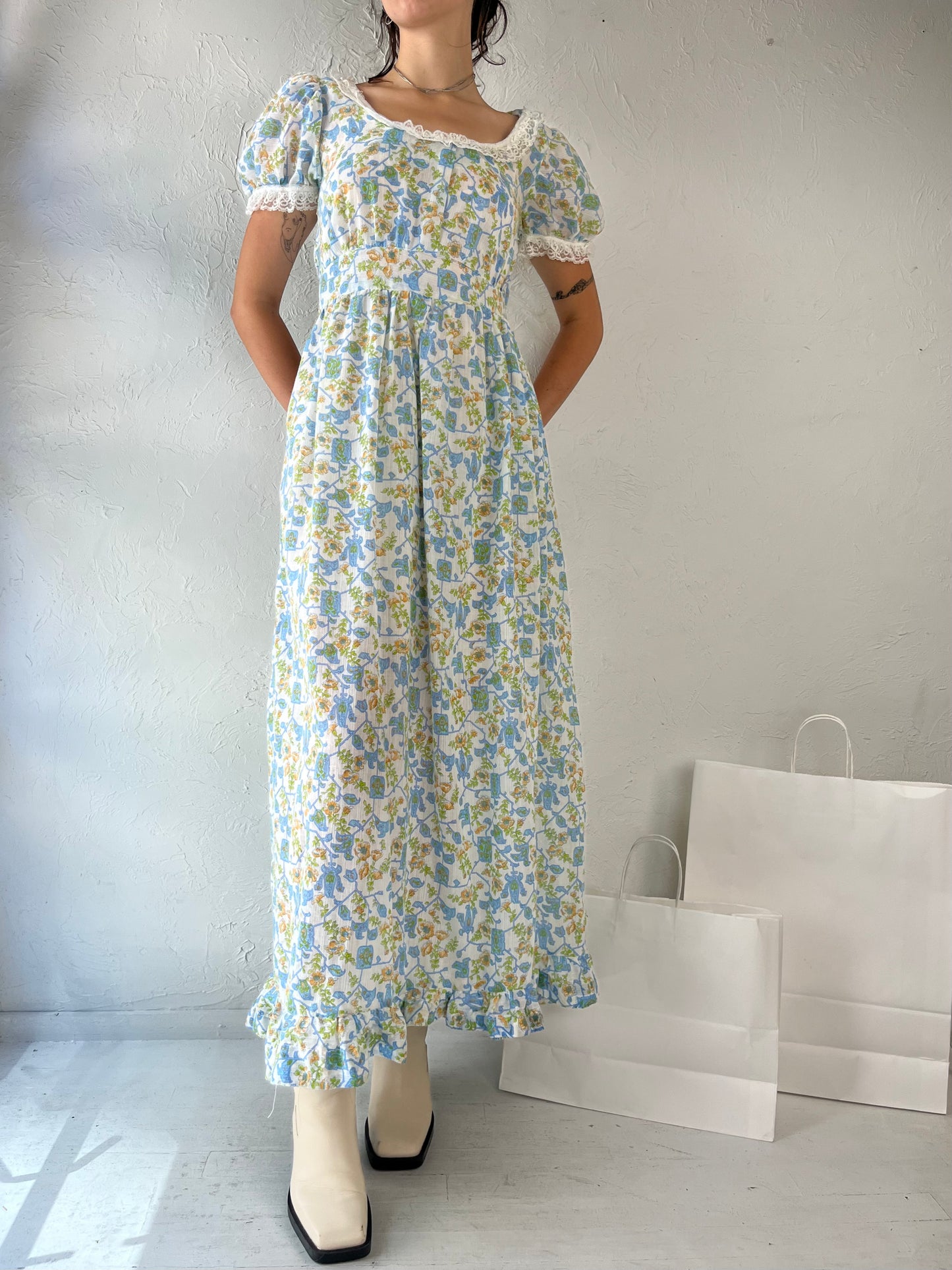 70s Handmade Blue Puff Sleeve Peasant Dress / Small - Medium