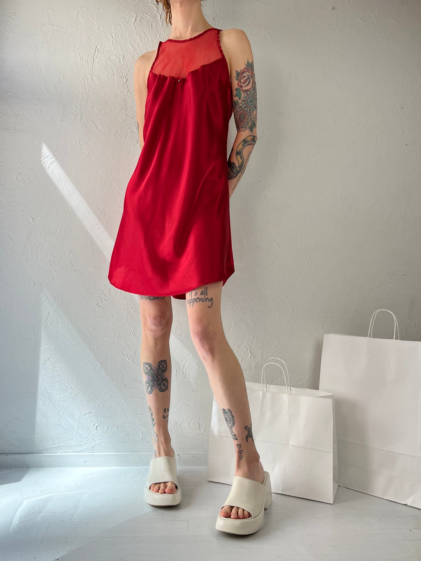 90s 'Jessica' Red Mini Slip Dress / Medium