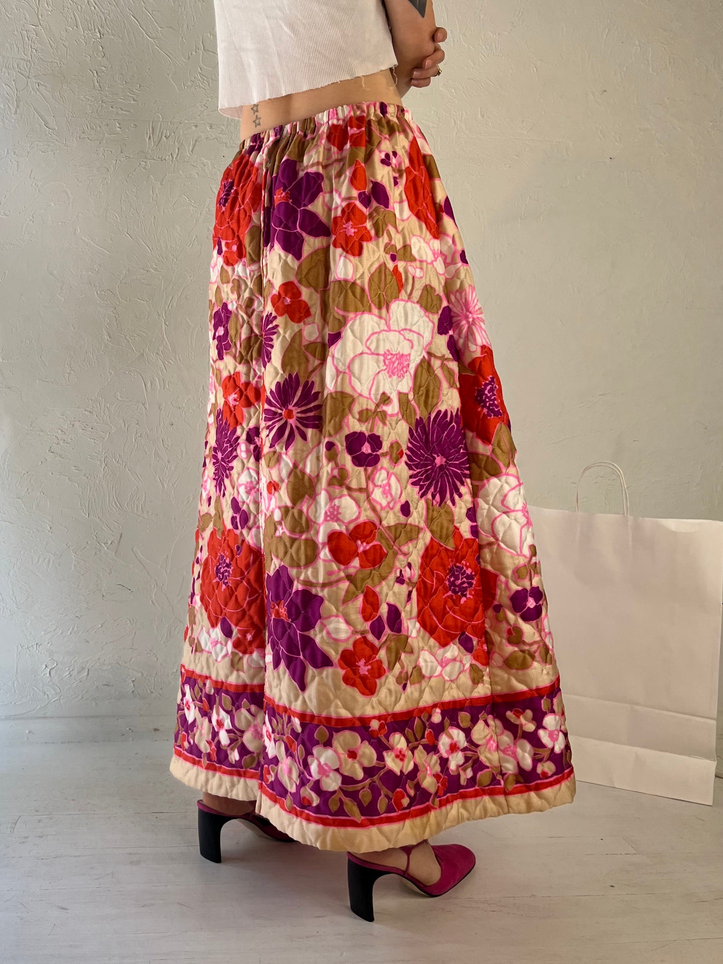 70s Handmade Quilted Floral Maxi Skirt / Small