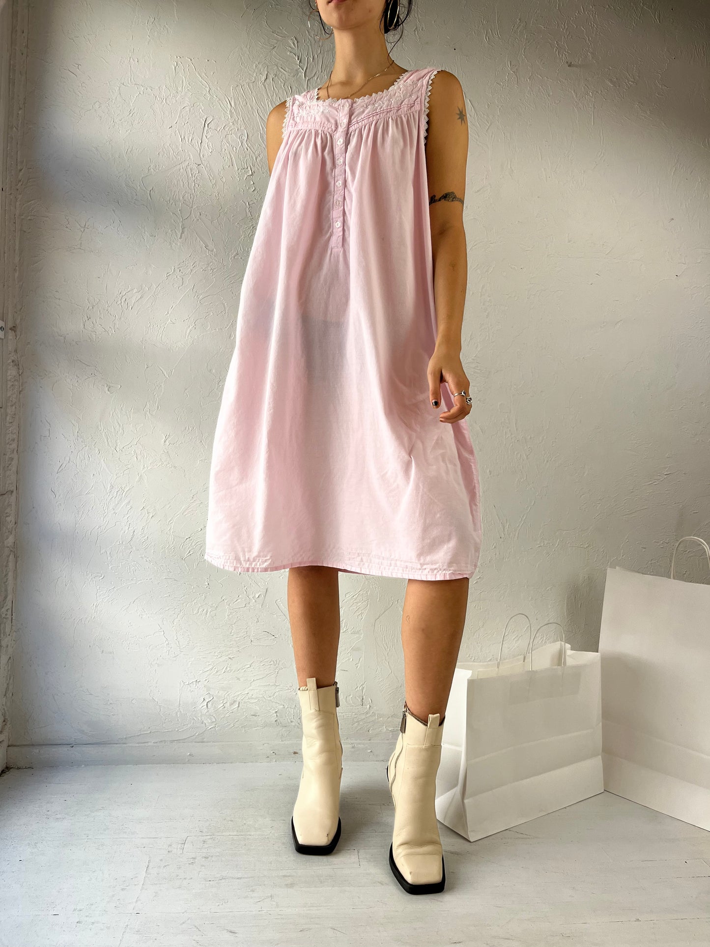 Y2K 'Jasmine Rose' Pink Mini Cotton Night Dress / Large