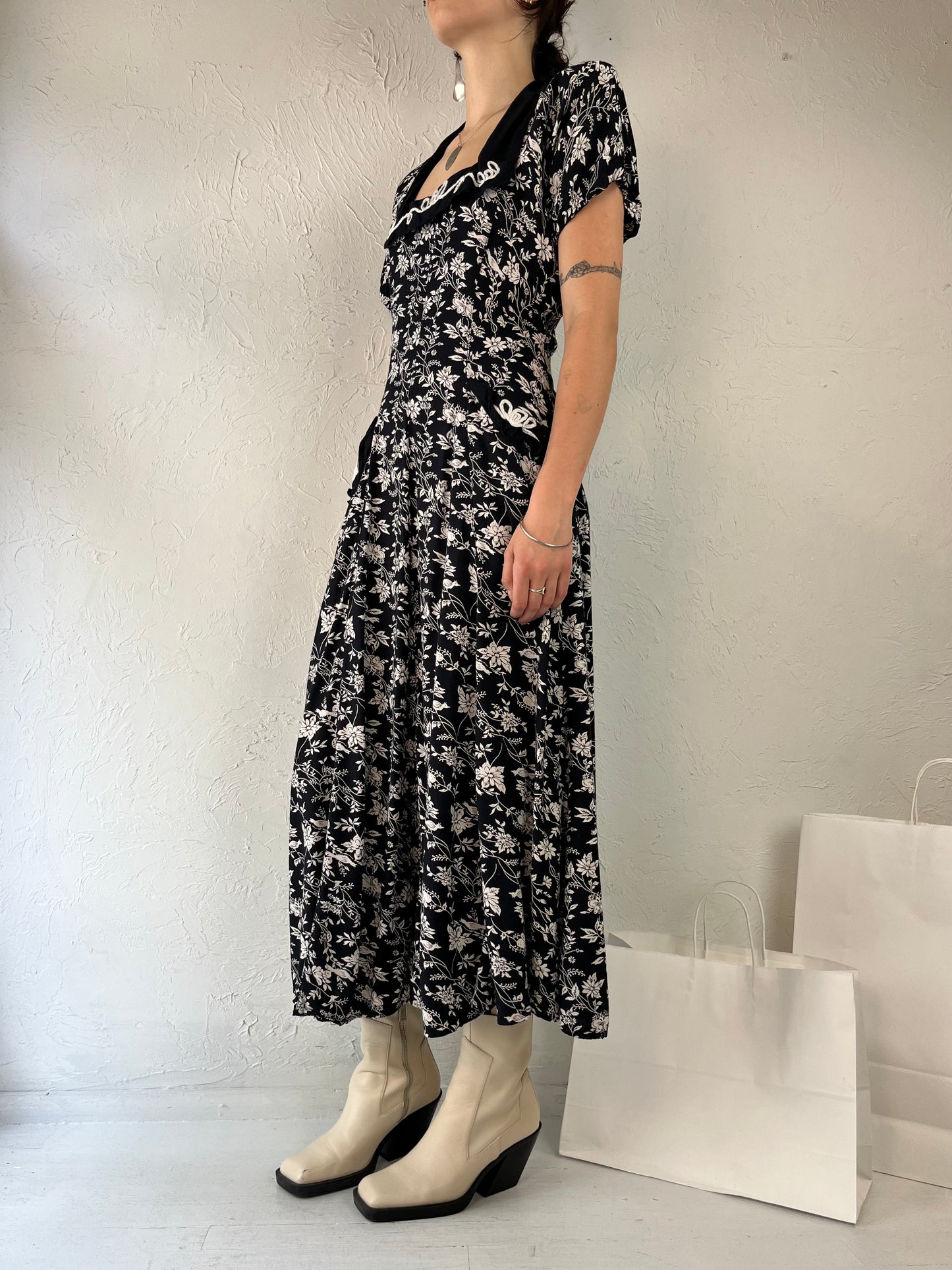 90s 'Style Works' Black Floral Print Rayon Dress / Medium