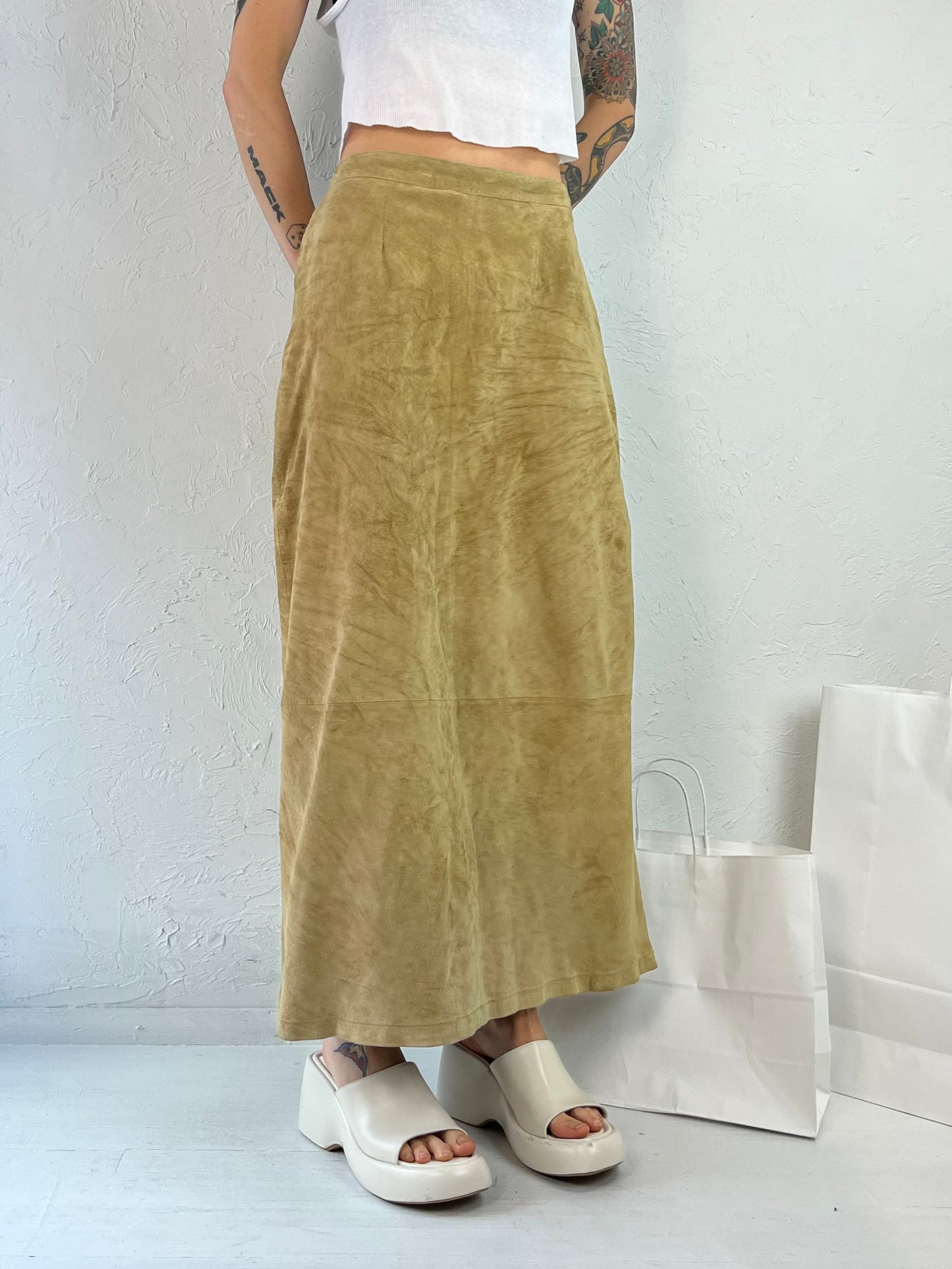 Y2K 'Stan Herman' Tan Suede Leather Maxi Skirt / Medium