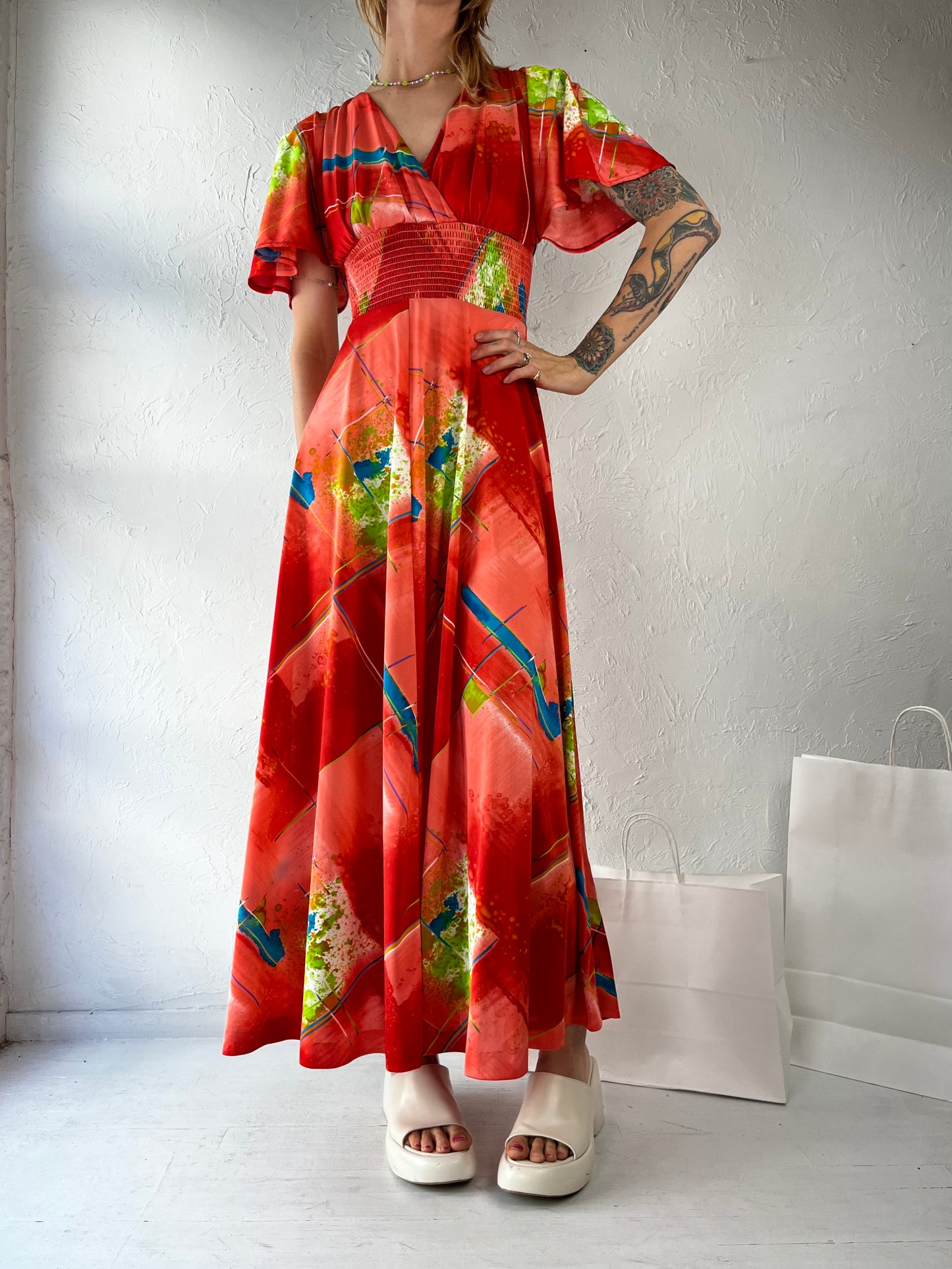 70s V Neck Red Abstract Print Maxi Dress / Small
