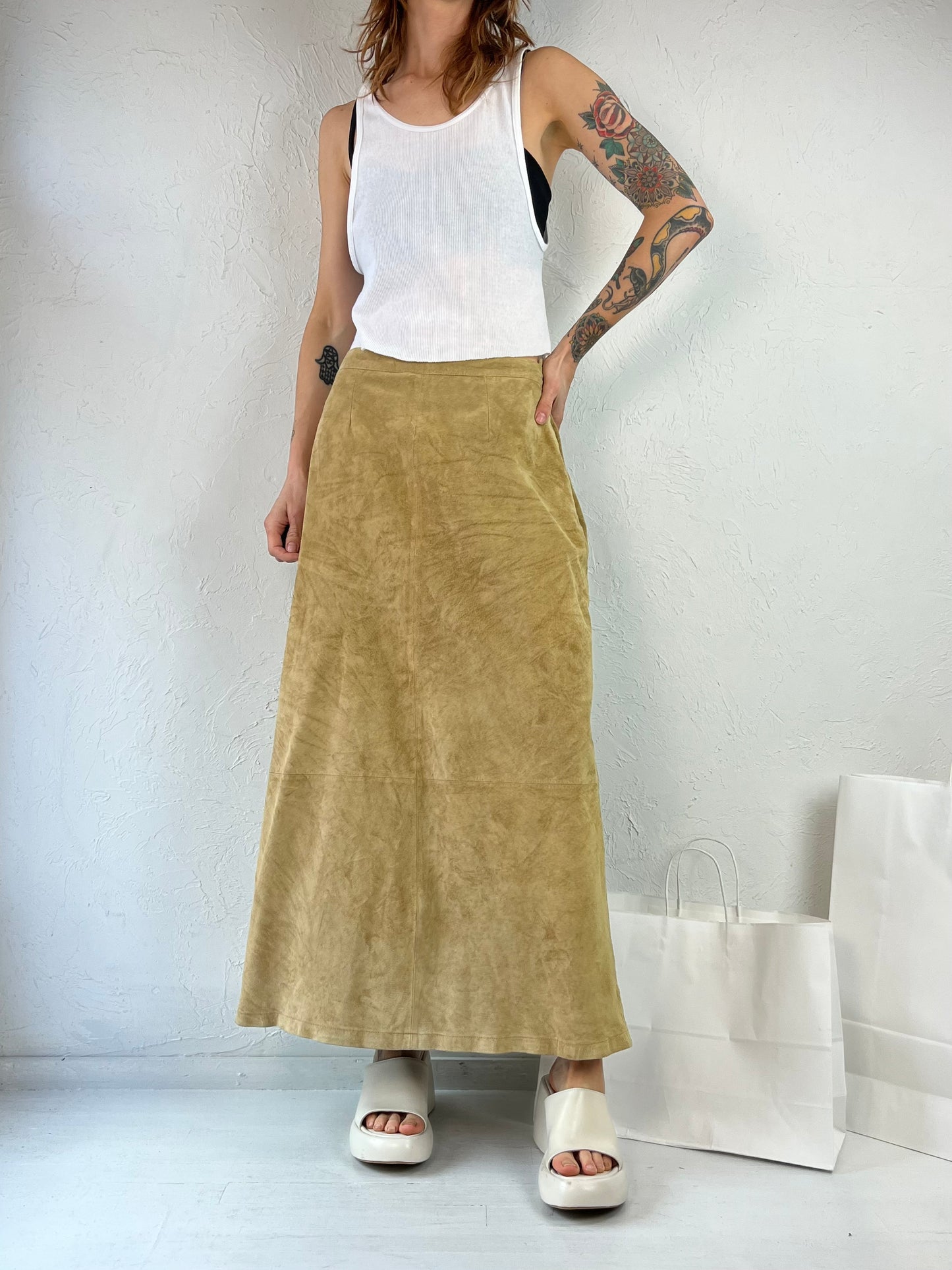 Y2K 'Stan Herman' Tan Suede Leather Maxi Skirt / Medium