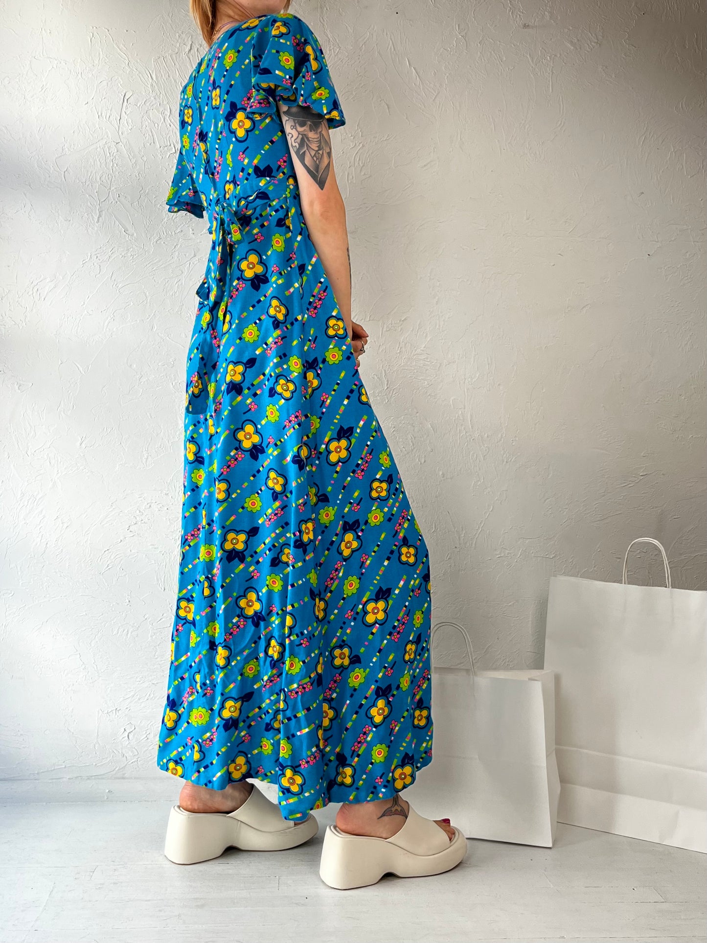 70s Handmade Blue Floral Day Dress / Small